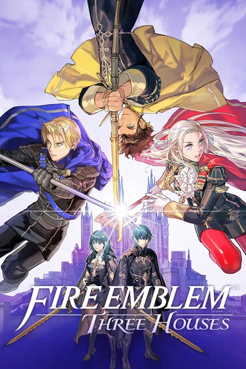Ảnh bìa game Fire Emblem: Three Houses với các nhân vật chính đại diện cho ba nhà.