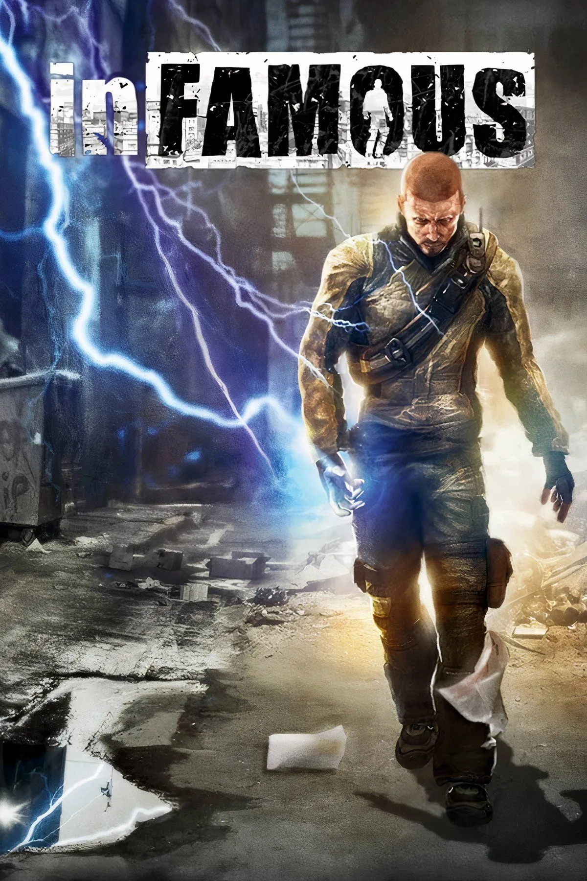 Ảnh bìa game inFAMOUS với Cole McGrath sử dụng sức mạnh điện, minh họa game siêu anh hùng độc quyền PlayStation xứng đáng được tái bản cho PC