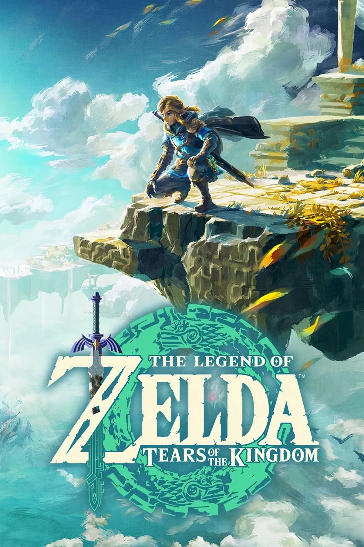 Ảnh bìa The Legend of Zelda: Tears of the Kingdom, thể hiện Link trong thế giới Hyrule mở rộng với các hòn đảo bay.