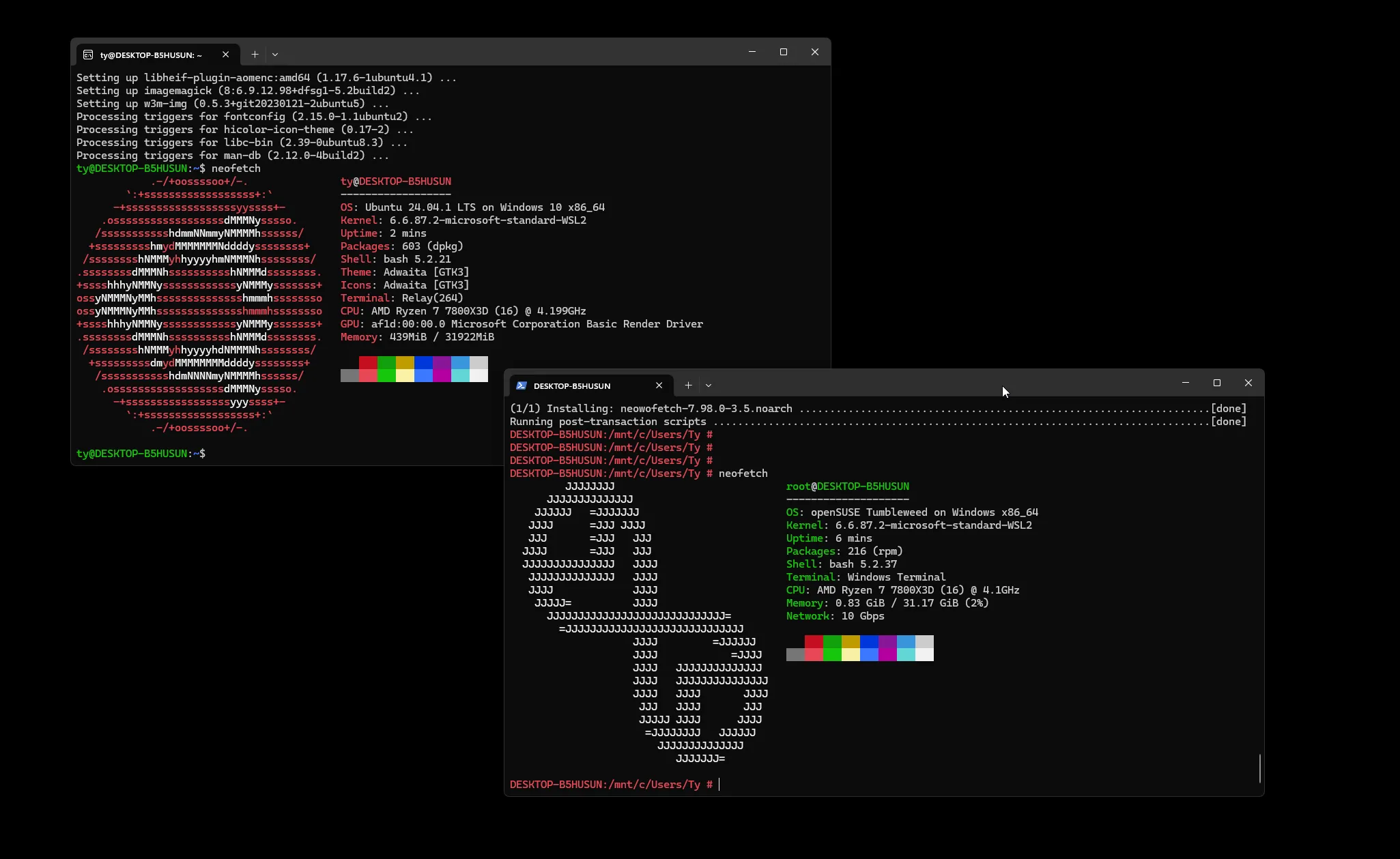 Ảnh chụp màn hình hiển thị thông tin hệ thống (neofetch) trên nhiều phiên bản WSL Linux