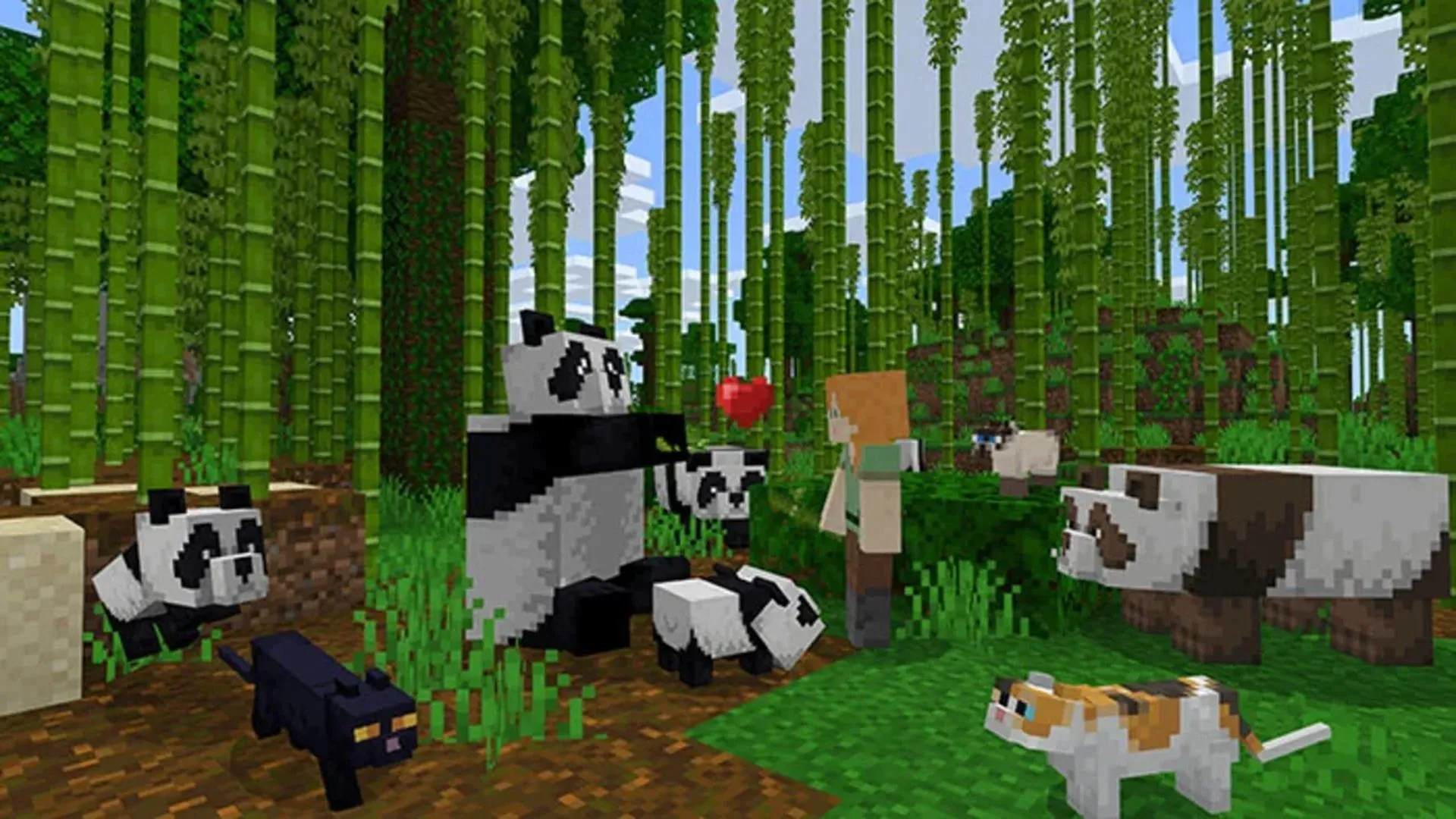 Ảnh chụp màn hình nhân vật và gấu trúc trong thế giới Minecraft, thể hiện đồ họa và tải cảnh vật mượt mà hơn trên Switch 2.