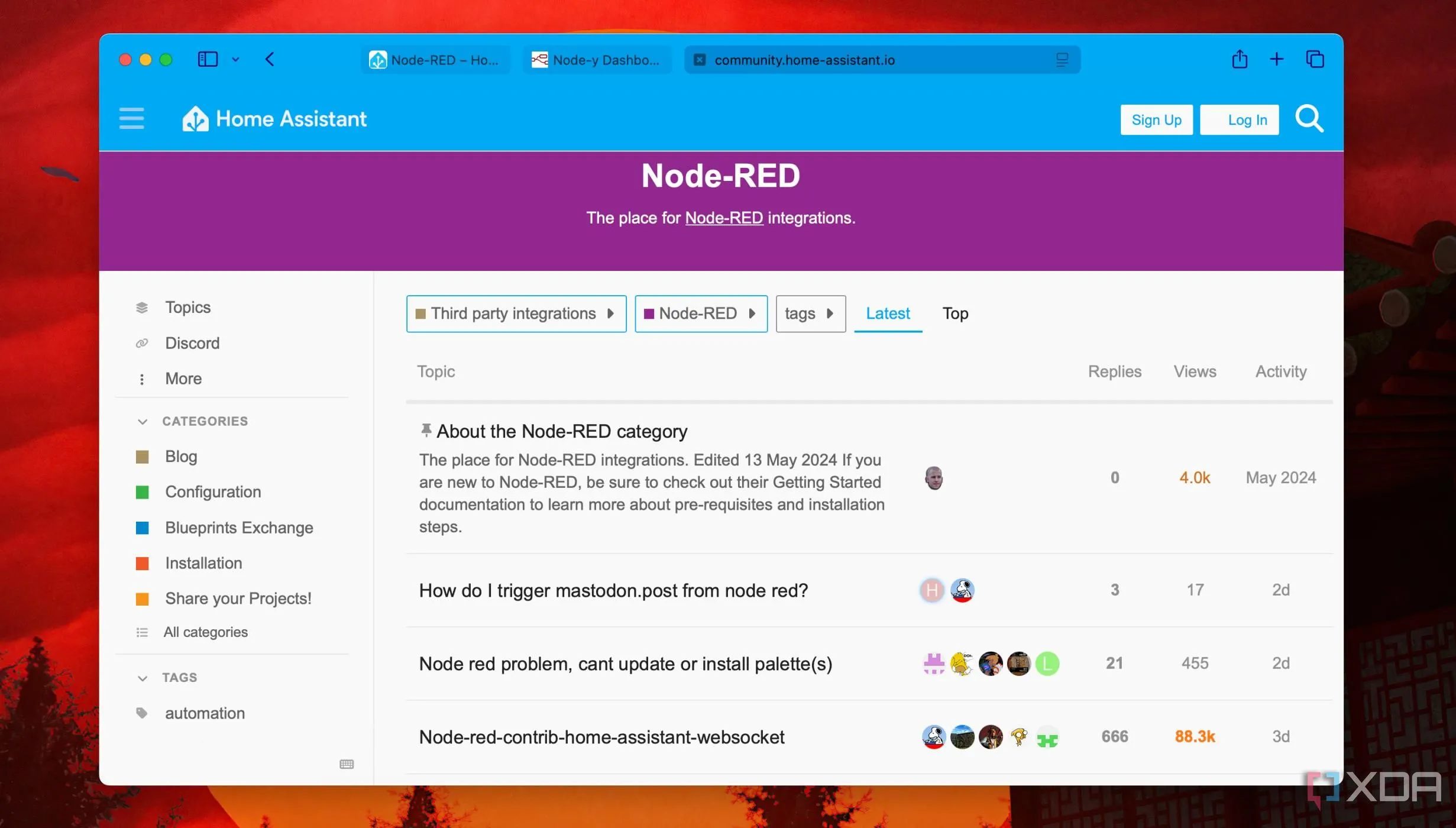 Ảnh chụp màn hình phần Node-RED trên diễn đàn cộng đồng Home Assistant