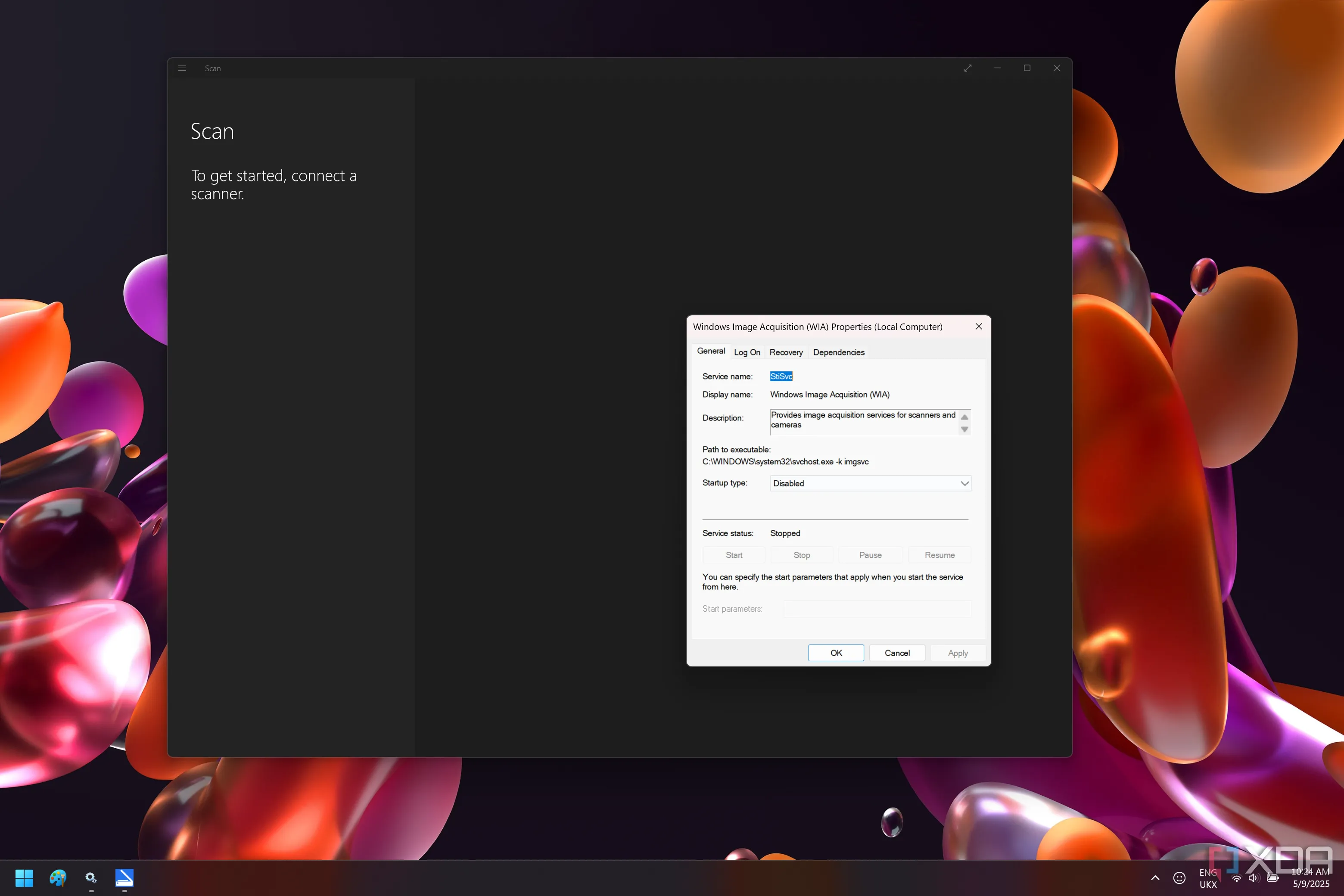 Ảnh chụp màn hình Windows 11 cho thấy dịch vụ Bộ thu nhận hình ảnh Windows đã bị vô hiệu hóa bên cạnh ứng dụng Windows Scan
