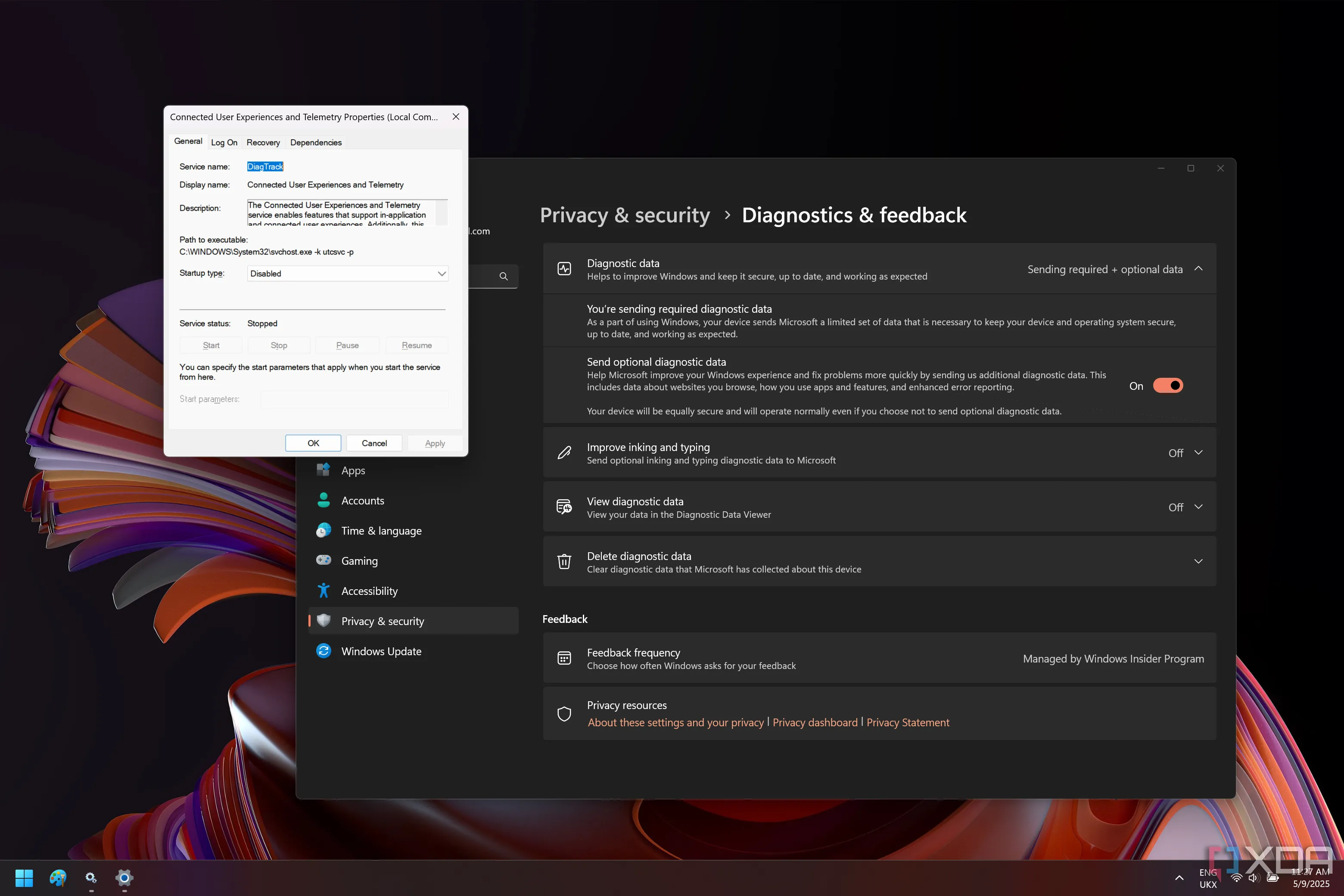 Ảnh chụp màn hình Windows 11 cho thấy dịch vụ Trải nghiệm người dùng được kết nối và Telemetry bị tắt bên cạnh trang Chẩn đoán và phản hồi trong Cài đặt