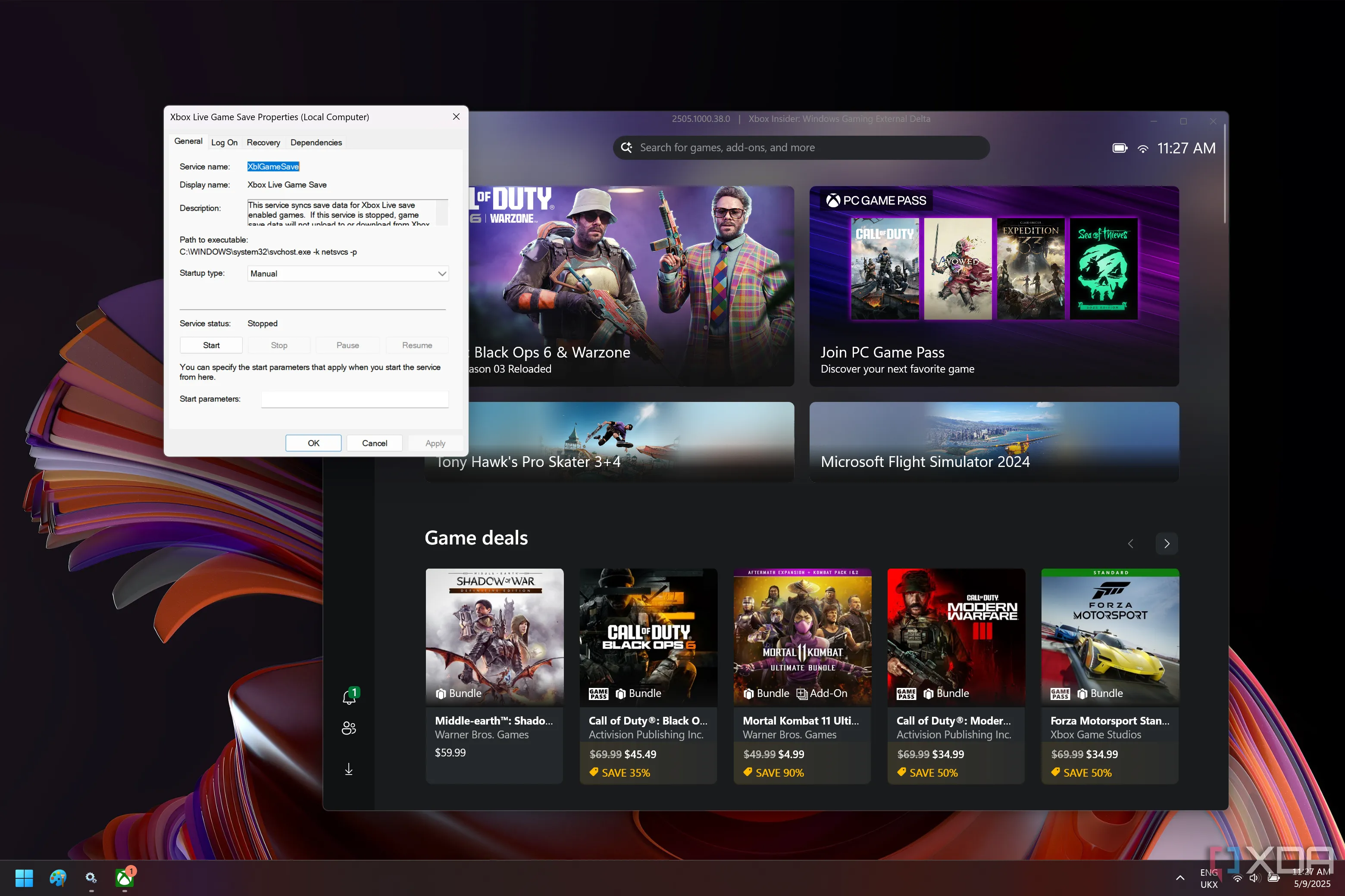 Ảnh chụp màn hình Windows 11 hiển thị dịch vụ Lưu Game Xbox Live đã bị vô hiệu hóa bên cạnh ứng dụng Xbox