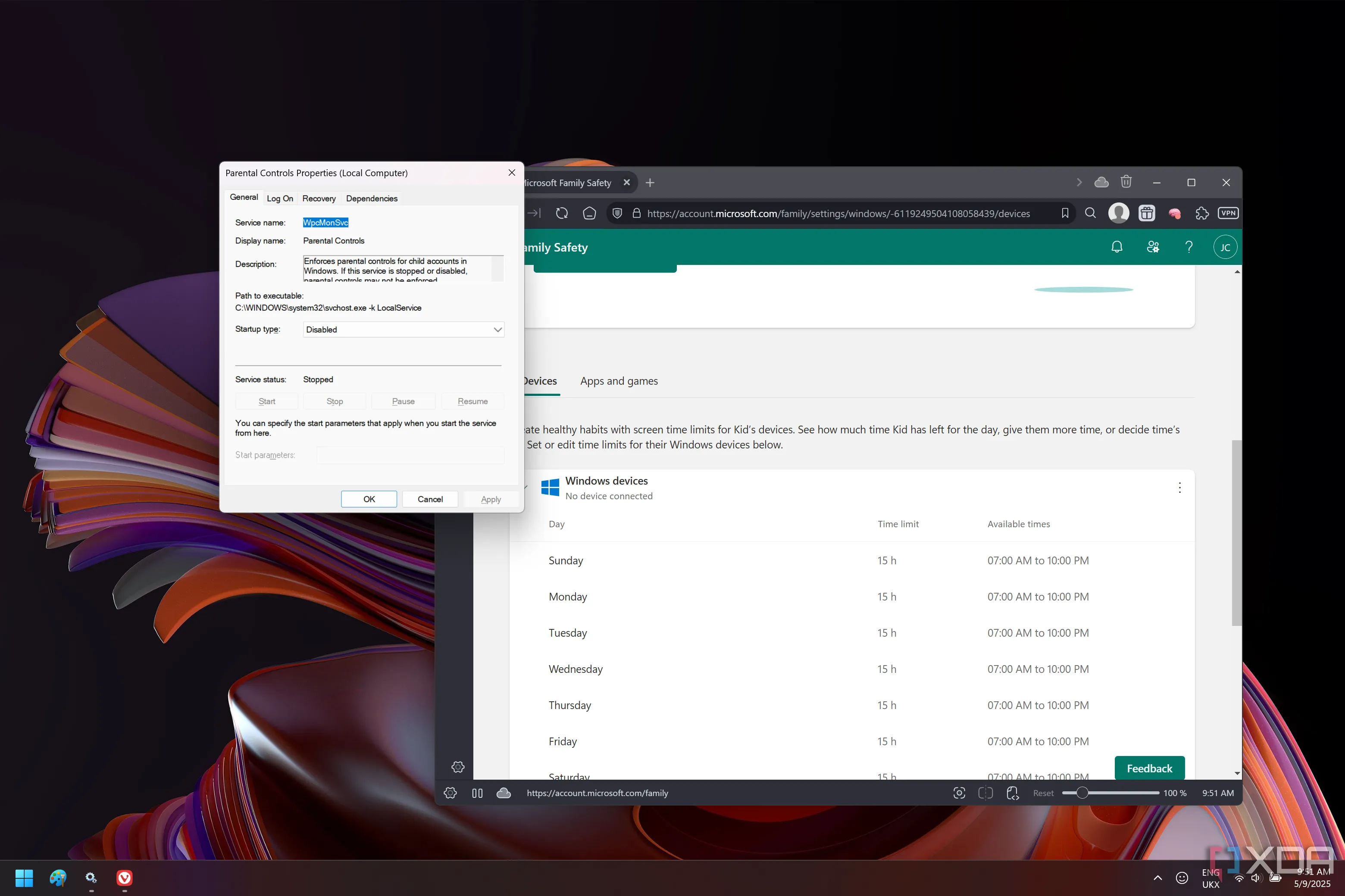 Ảnh chụp màn hình Windows 11 hiển thị dịch vụ Quyền kiểm soát của phụ huynh bị vô hiệu hóa cùng với trang web Family Safety