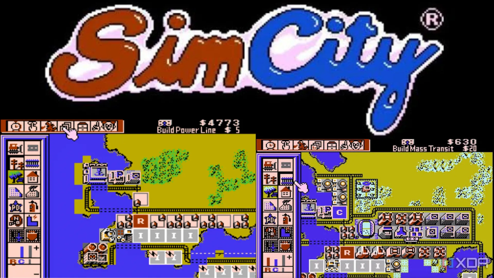 Ảnh tổng hợp các màn hình gameplay của SimCity với logo game