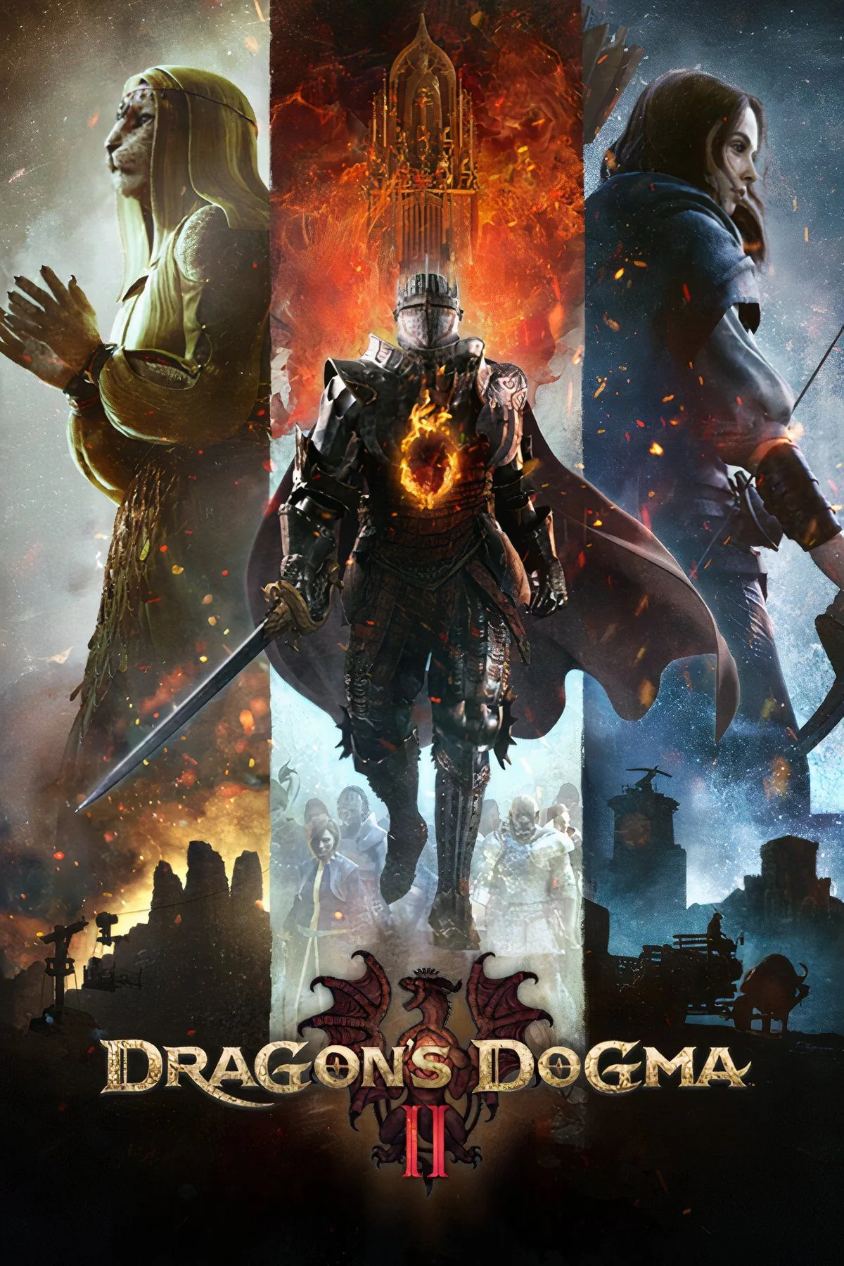Arisen và các Pawns chiến đấu với quái vật khổng lồ trong thế giới mở của Dragon’s Dogma 2, minh họa lối chơi hành động chặt chém.