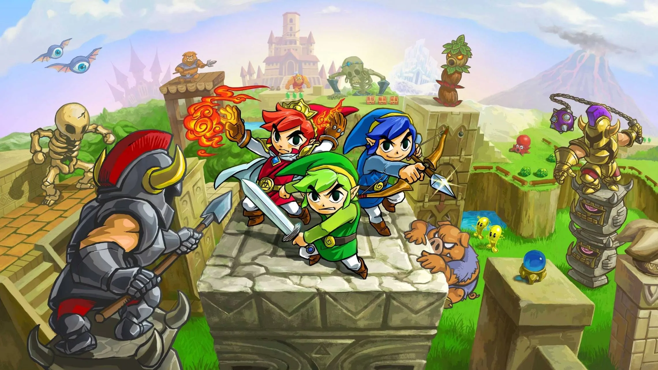 Ba Link với các trang phục khác nhau đang chiến đấu cùng nhau trong The Legend of Zelda: Tri Force Heroes, minh họa tính năng hợp tác