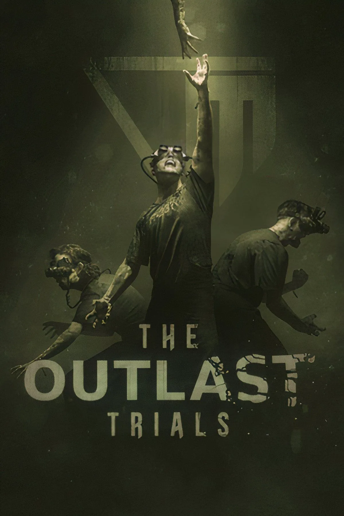 Ba nhân vật trong The Outlast Trials đang ẩn mình trong môi trường tối tăm, một người cầm camera nhìn đêm, thể hiện sự căng thẳng của game kinh dị co-op.