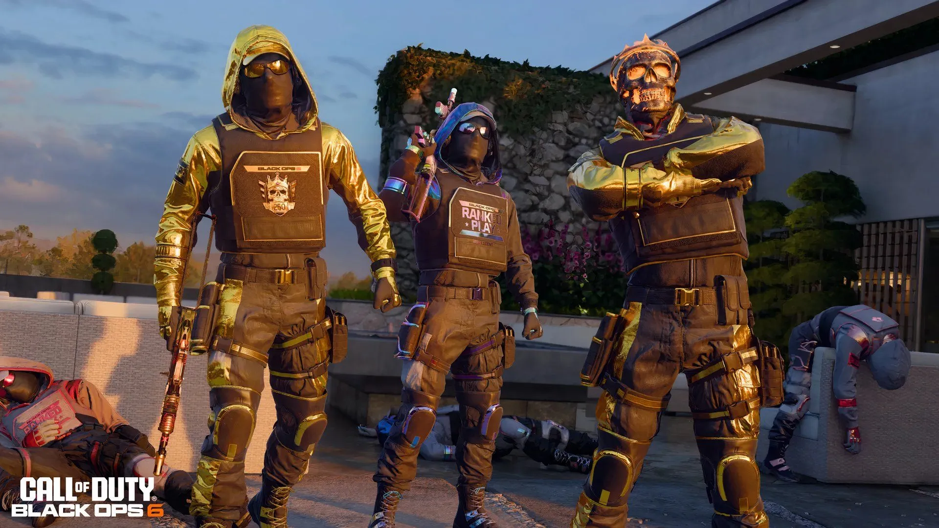 Ba Operator trong Call of Duty Black Ops 6 Ranked Play đứng cạnh kẻ địch bị đánh bại, minh họa cách Activision bảo vệ trải nghiệm game thủ trung thực.