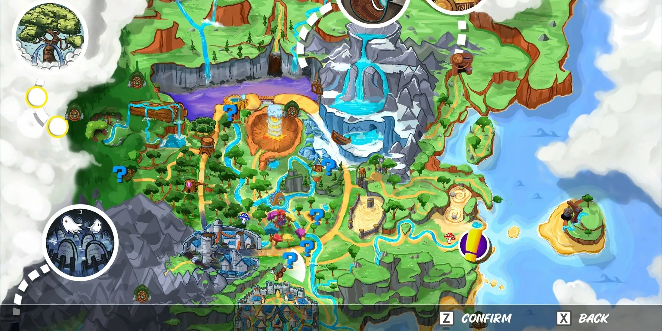 Bản đồ thế giới rộng lớn của game Ruffy and the Riverside, hiển thị các khu vực đa dạng để khám phá, thể hiện quy mô của trò chơi platformer.