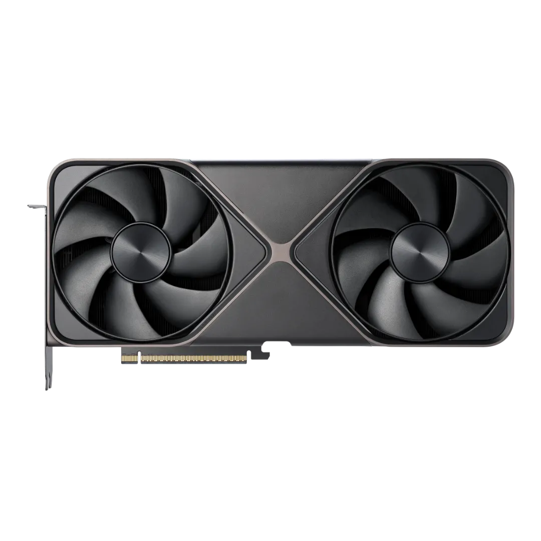 Bản dựng đồ họa (render) cận cảnh mặt trước của card đồ họa Nvidia GeForce RTX 5080, thể hiện thiết kế tản nhiệt và các cổng kết nối