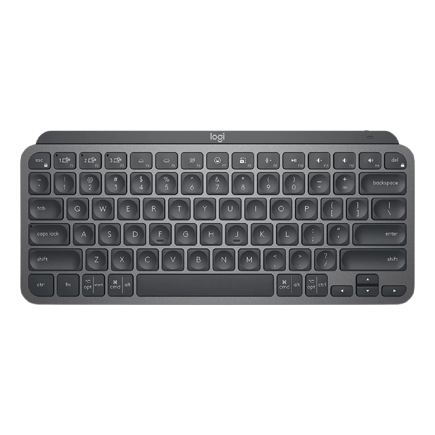 Bàn phím không dây Logitech MX Keys Mini màu than chì với thiết kế nhỏ gọn và đèn nền phím tự động.