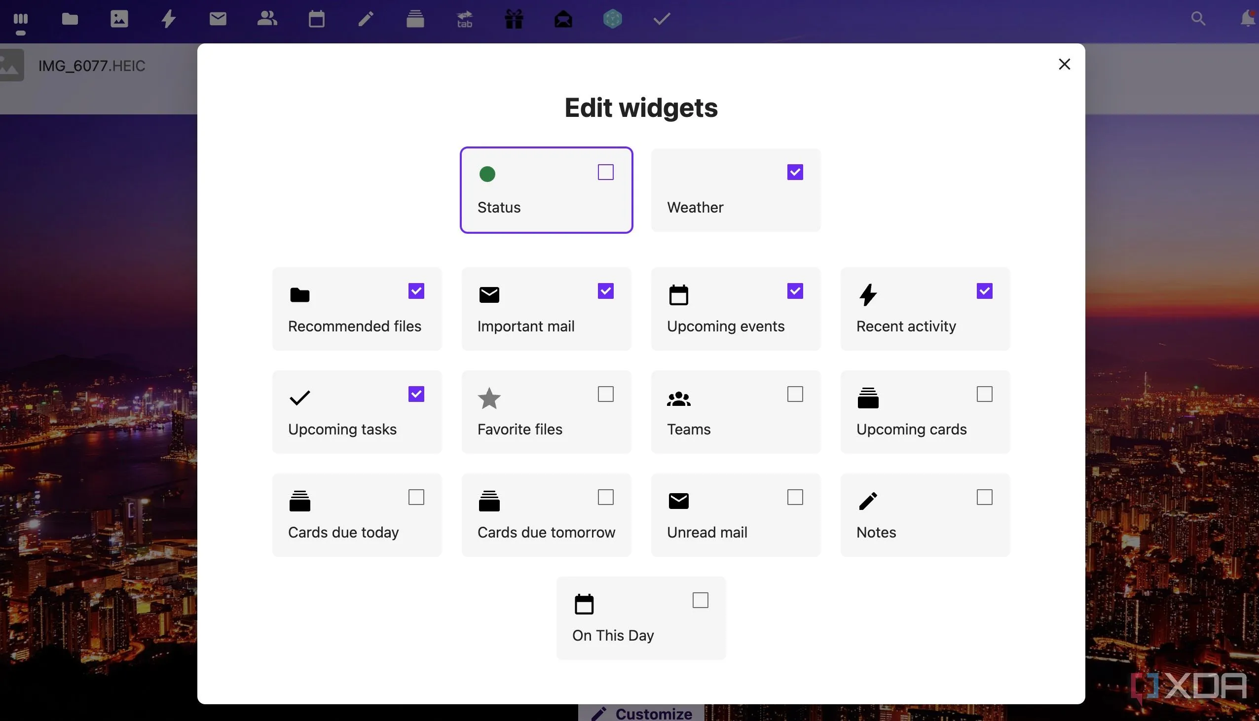 Bảng điều khiển Nextcloud hiển thị các widget tùy chỉnh như lịch, email và ghi chú, tối ưu hóa năng suất
