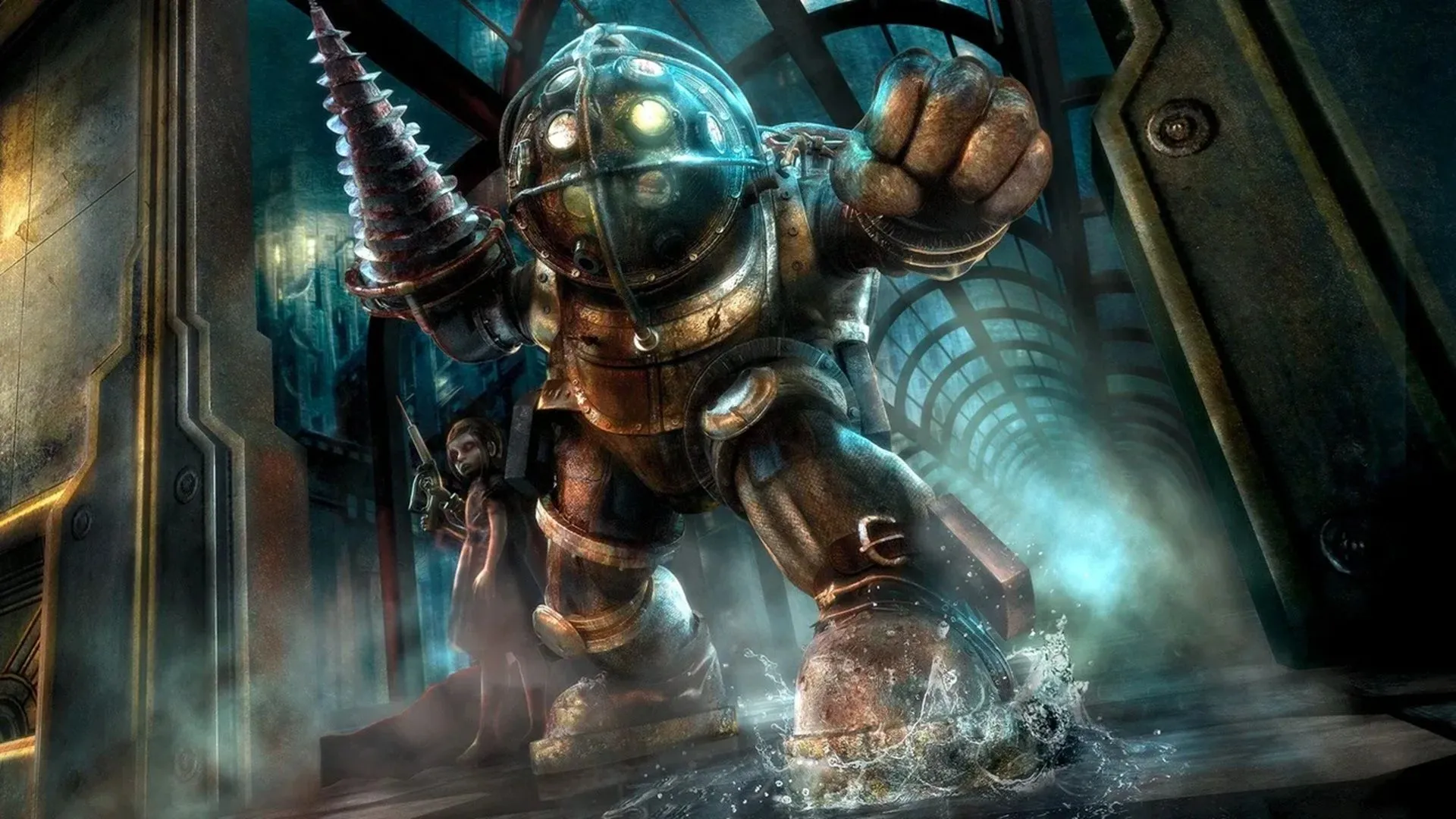 Bìa đĩa game BioShock trên Xbox 360, hình ảnh Big Daddy và Little Sister đặc trưng của thành phố Rapture.