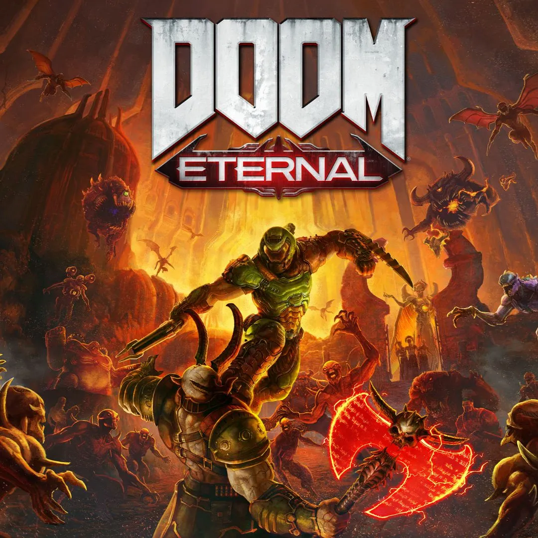 Bìa game DOOM Eternal với nhân vật Doom Slayer cầm vũ khí và chiến đấu giữa bầy quỷ.