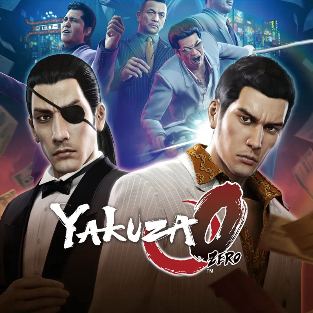 Bìa game Yakuza 0, game hành động thế giới mở lấy bối cảnh Nhật Bản thập niên 80, nổi bật với hệ thống chiến đấu đa dạng và cốt truyện hấp dẫn.