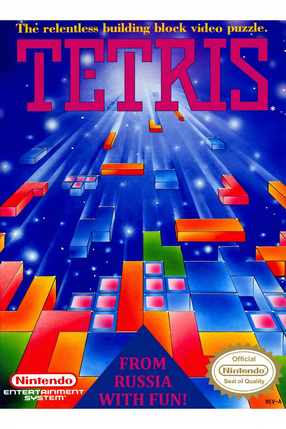 Bìa nghệ thuật của Tetris (1989), một trong những game giải đố phổ biến nhất mọi thời đại trên NES.