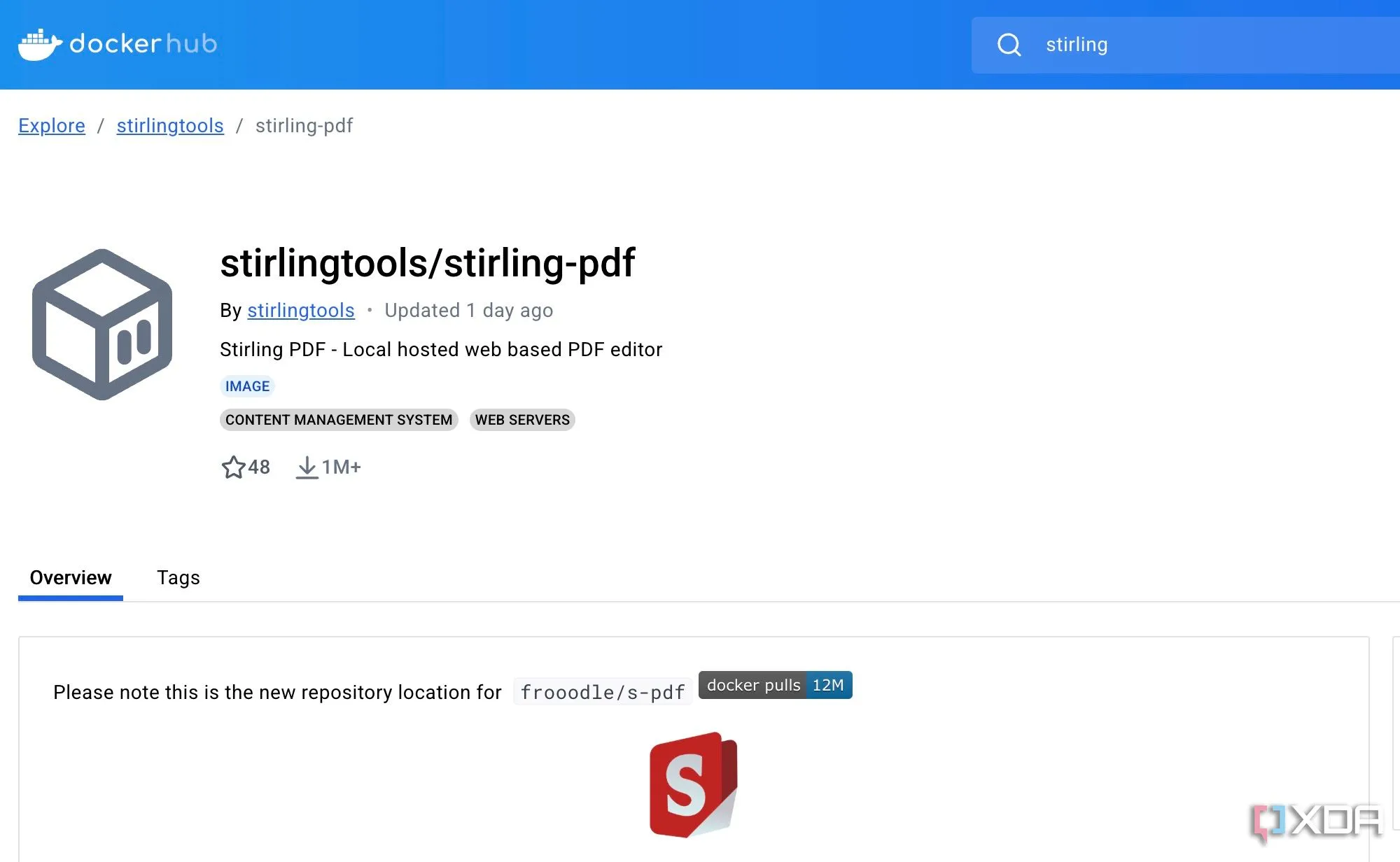 Biểu tượng Docker cùng với logo Stirling PDF, minh họa khả năng tự host linh hoạt