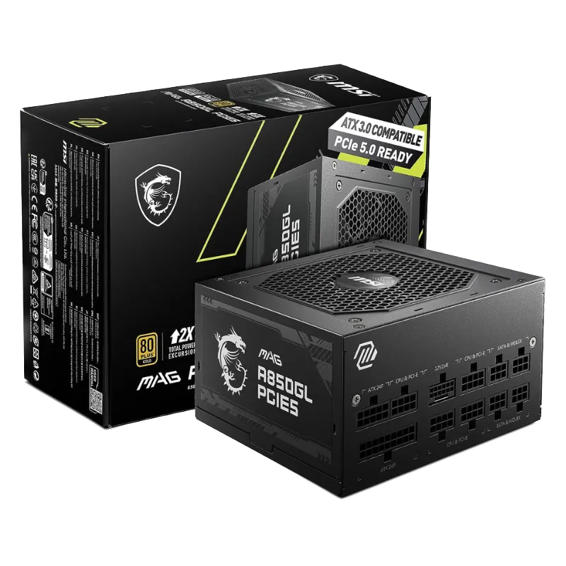 Bộ nguồn máy tính MSI MAG A850GL 850W chuẩn 80+ Gold modular, giúp đi dây gọn gàng cho PC