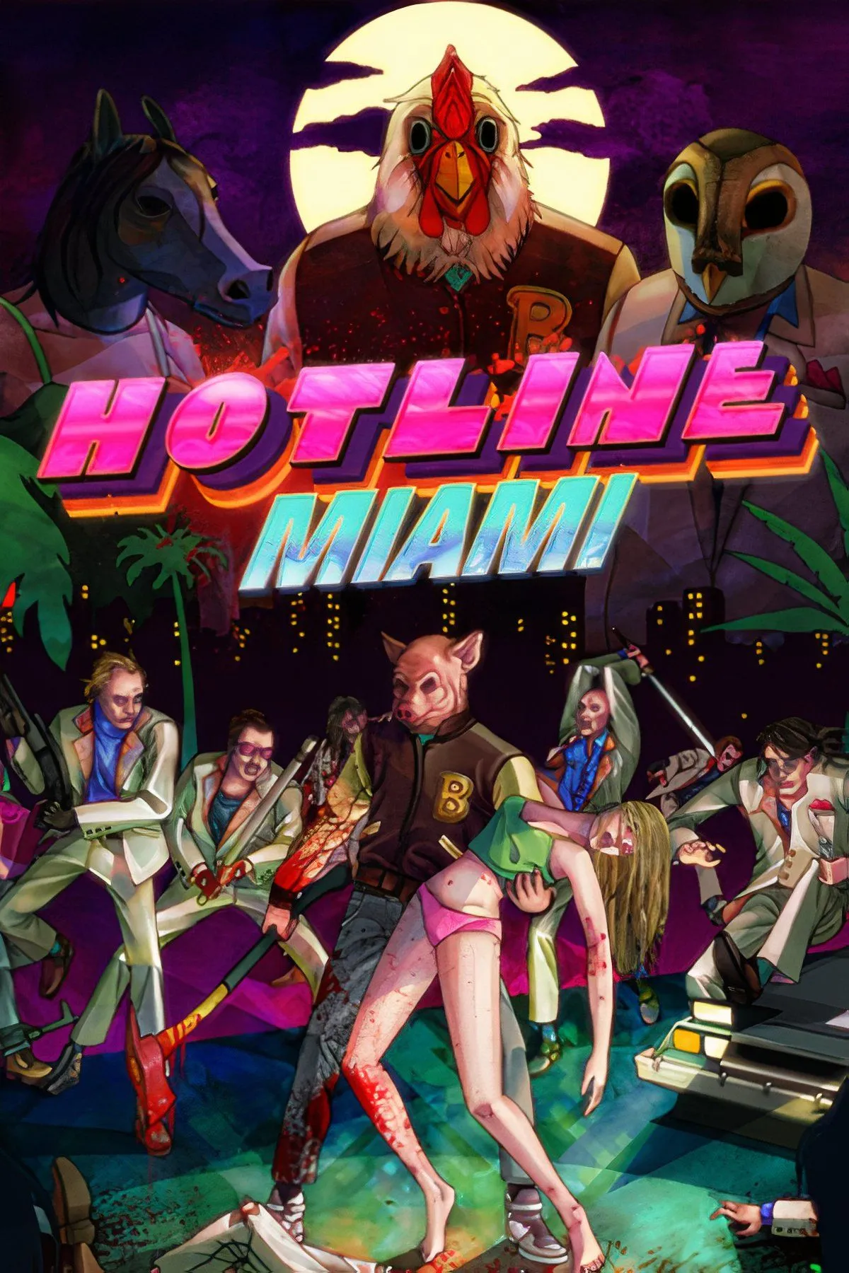 Bối cảnh game Hotline Miami với góc nhìn từ trên xuống, nhân vật chính thực hiện hành động bạo lực trong môi trường đầy màu neon.