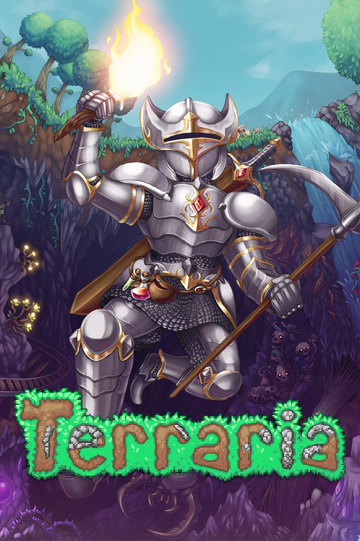 Bối cảnh game Terraria với nhân vật đang khám phá thế giới sandbox đa dạng, cây cối và công trình xây dựng.