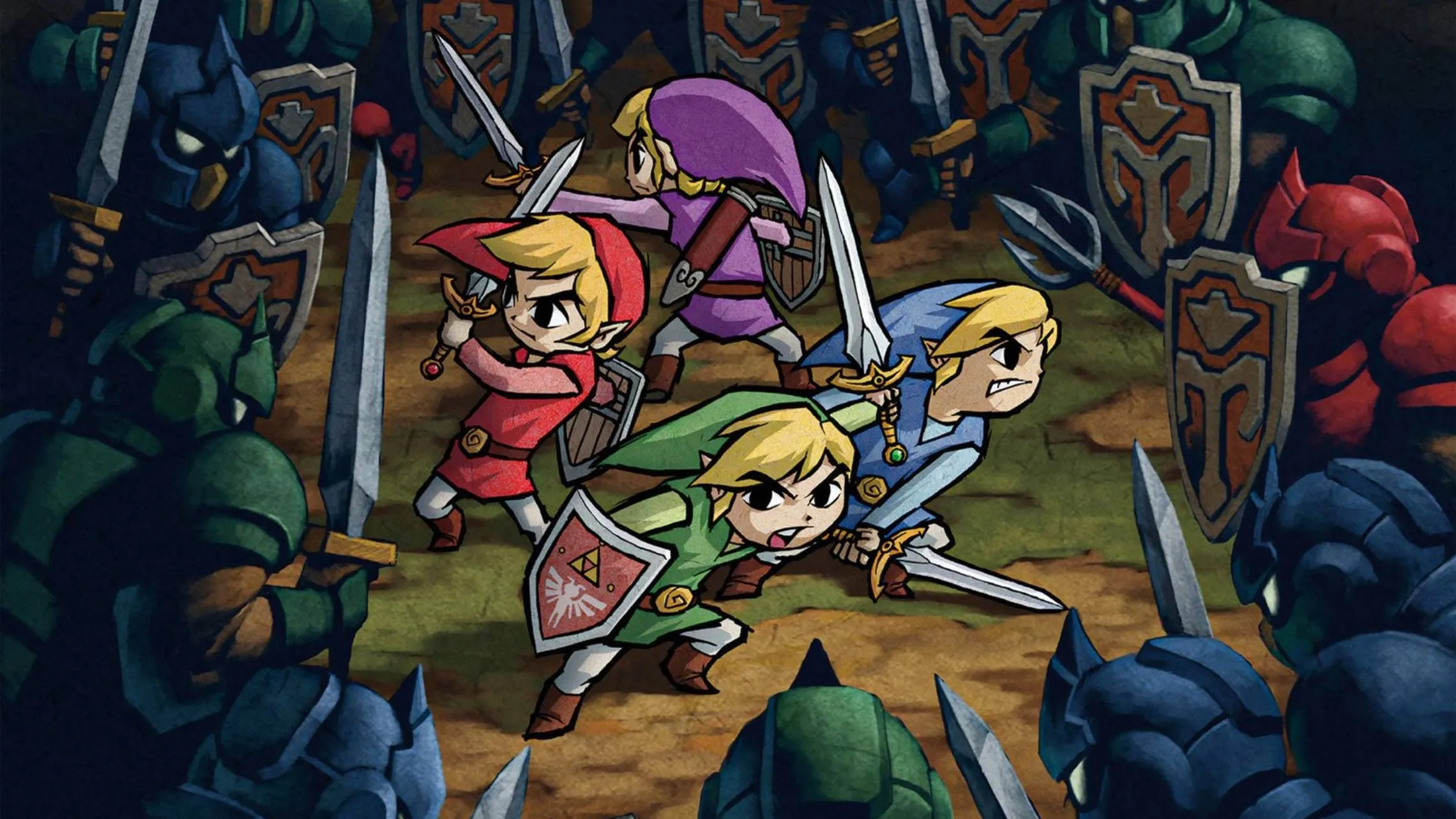 Bốn phiên bản Link chiến đấu với nhiều kẻ thù cùng lúc trong The Legend of Zelda: Four Swords Adventure, thể hiện lối chơi nhiều người