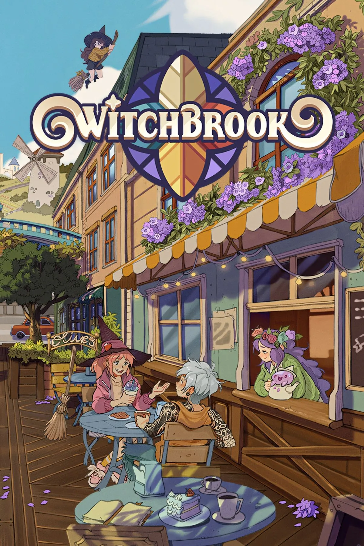 Bức ảnh bìa game Witchbrook với học viện phép thuật lung linh và các học sinh phù thủy.