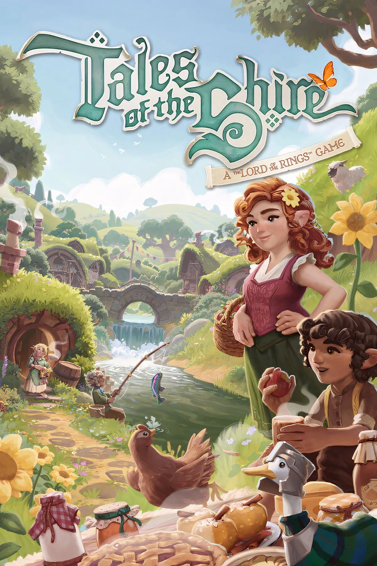 Bức ảnh bìa Tales of the Shire: A The Lord of the Rings Game, thể hiện cuộc sống yên bình của người Hobbit.