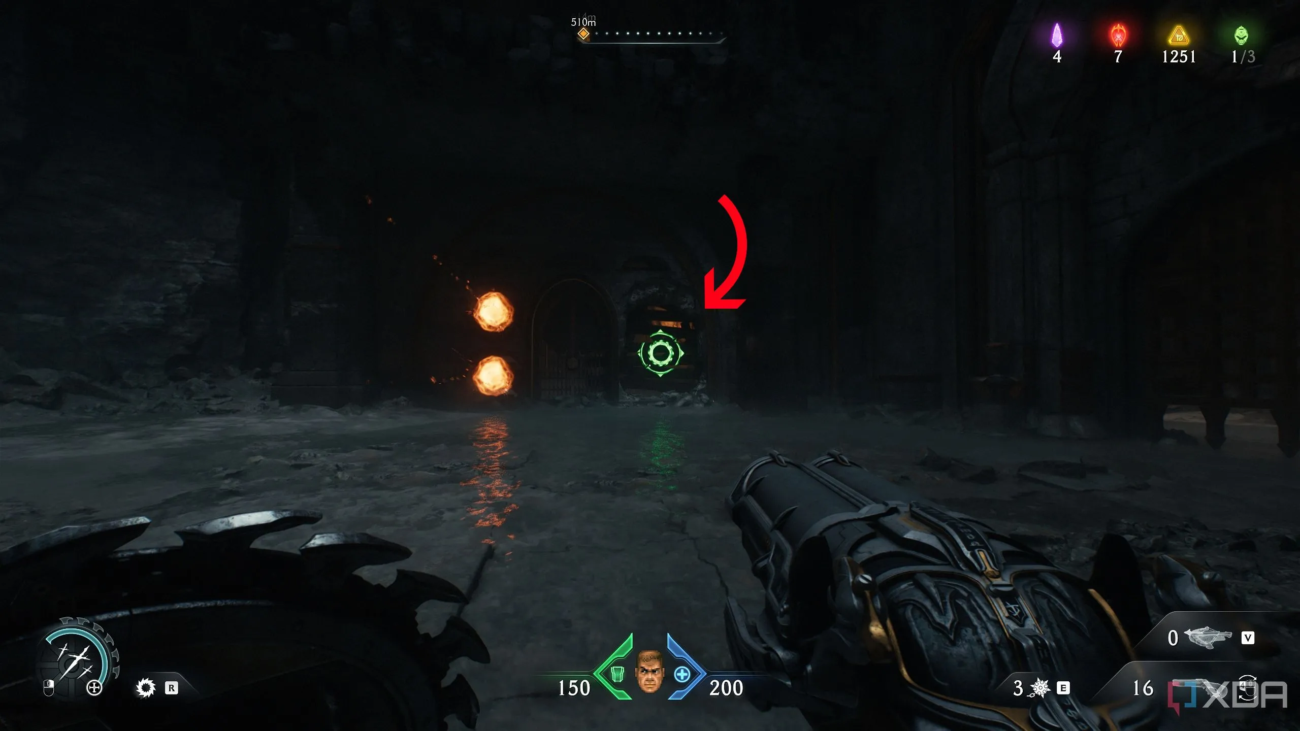 Bức tường có thể phá bằng Shield Charge, nằm gần các cỗ máy phun lửa.