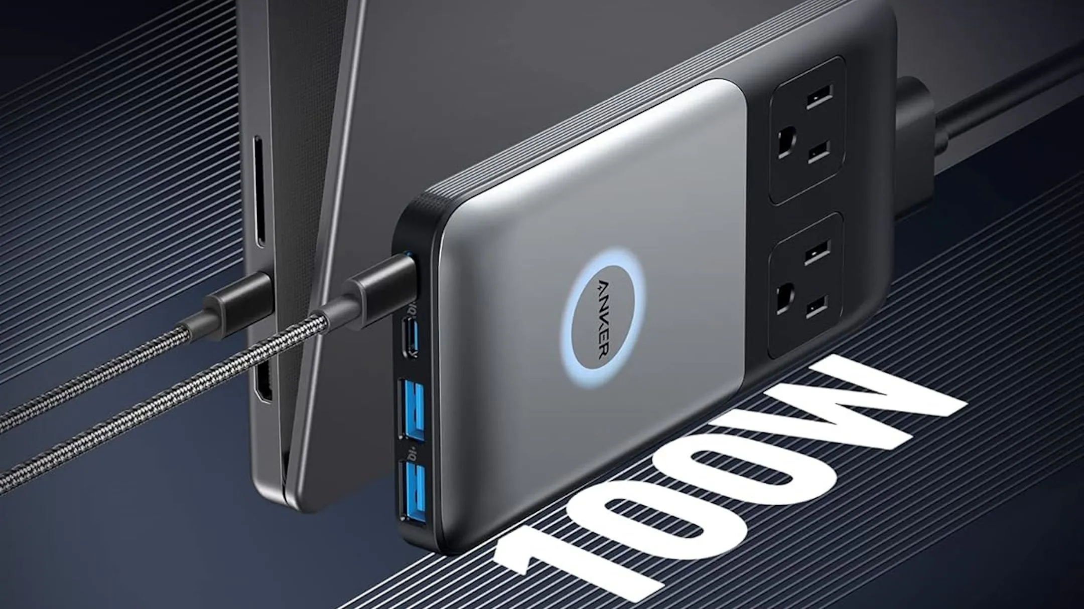 Các cổng sạc USB-C, USB-A và ổ cắm AC trên trạm sạc Anker 727