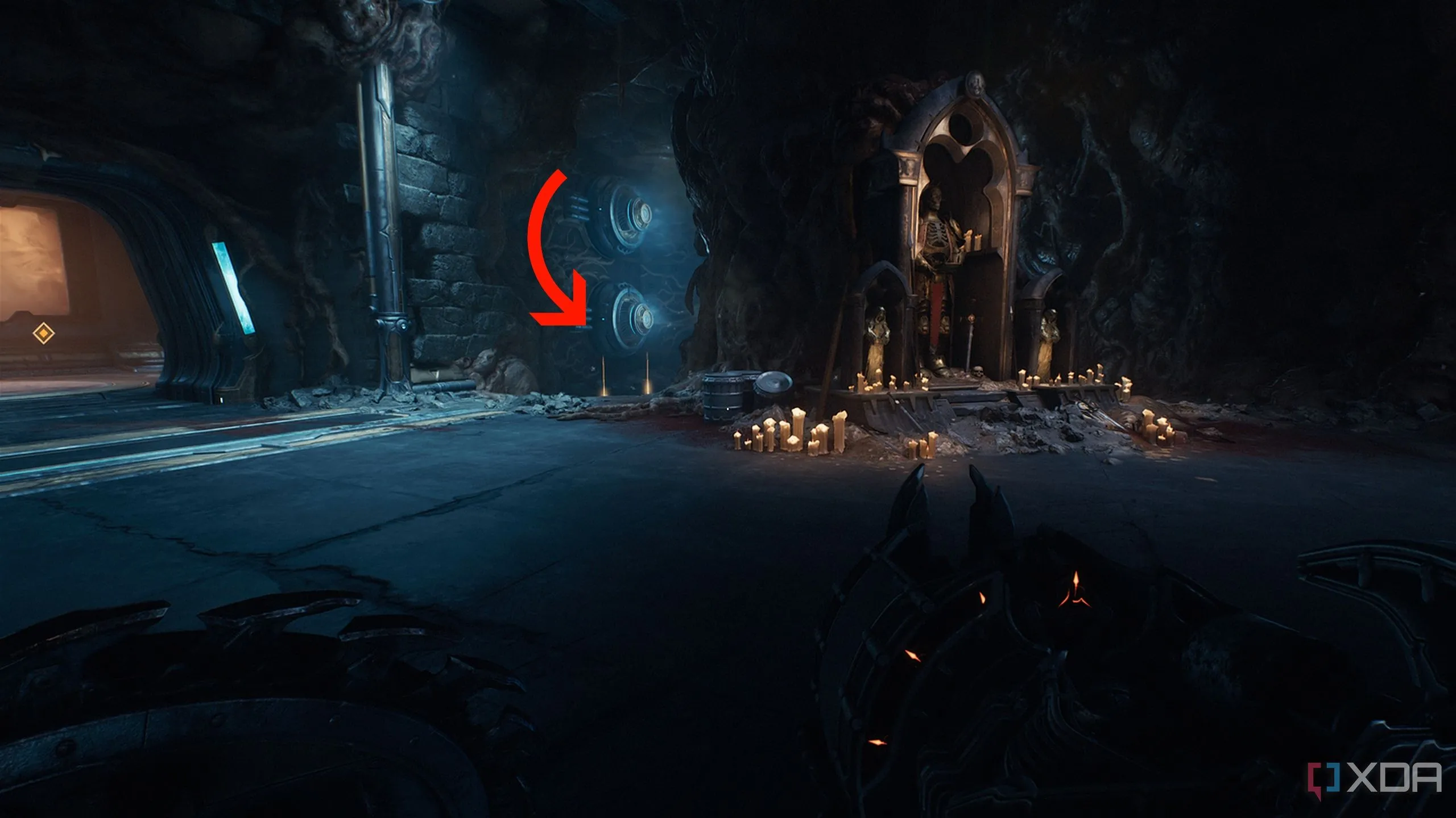 Các thanh vàng ẩn giấu phía sau Bàn thờ Sentinel, nơi người chơi có thể nâng cấp vũ khí trong Doom The Dark Ages