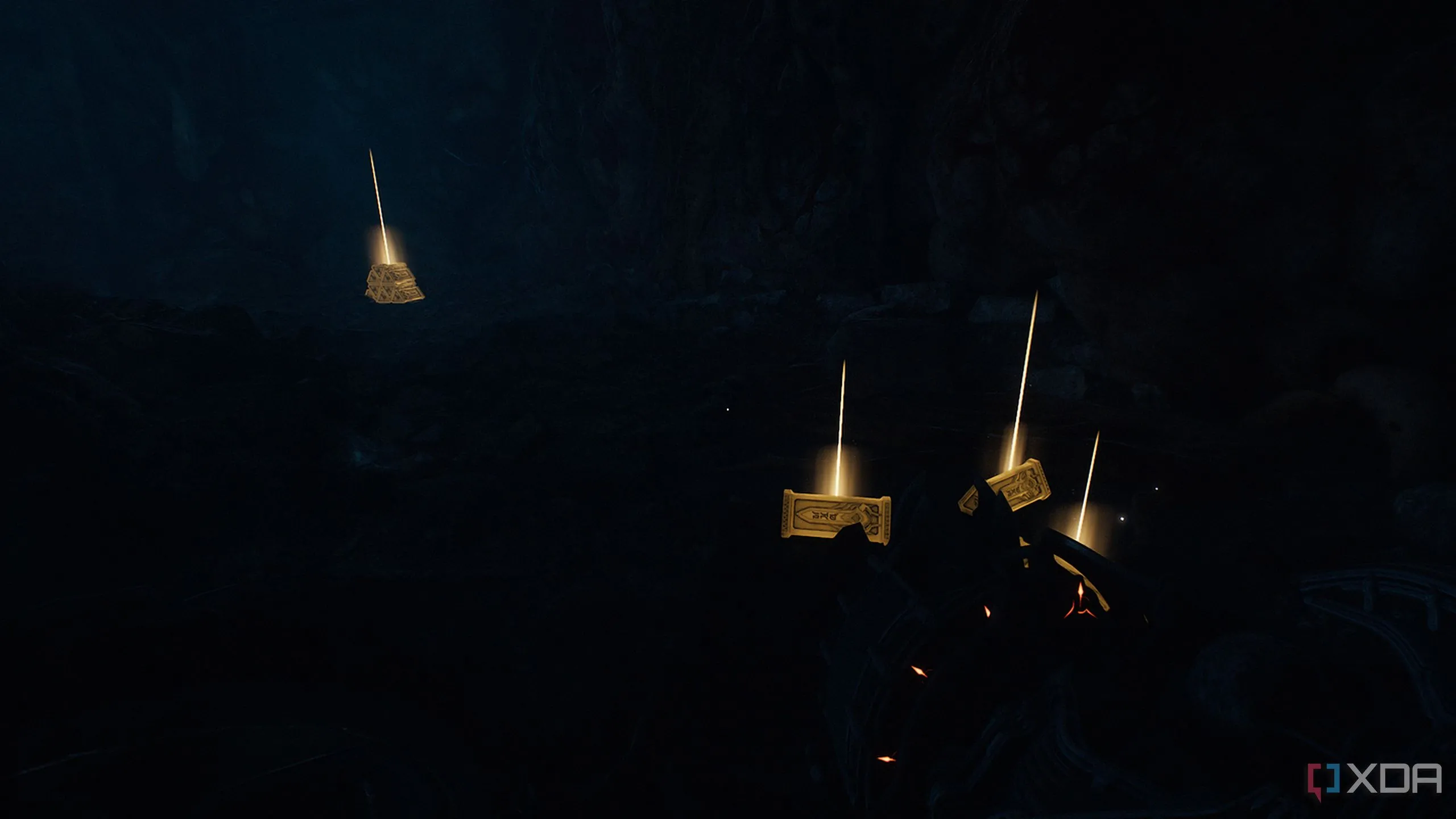 Các thanh vàng nằm rải rác trên sàn nhà, chờ được thu thập để nâng cấp vũ khí trong Doom The Dark Ages Hebeth