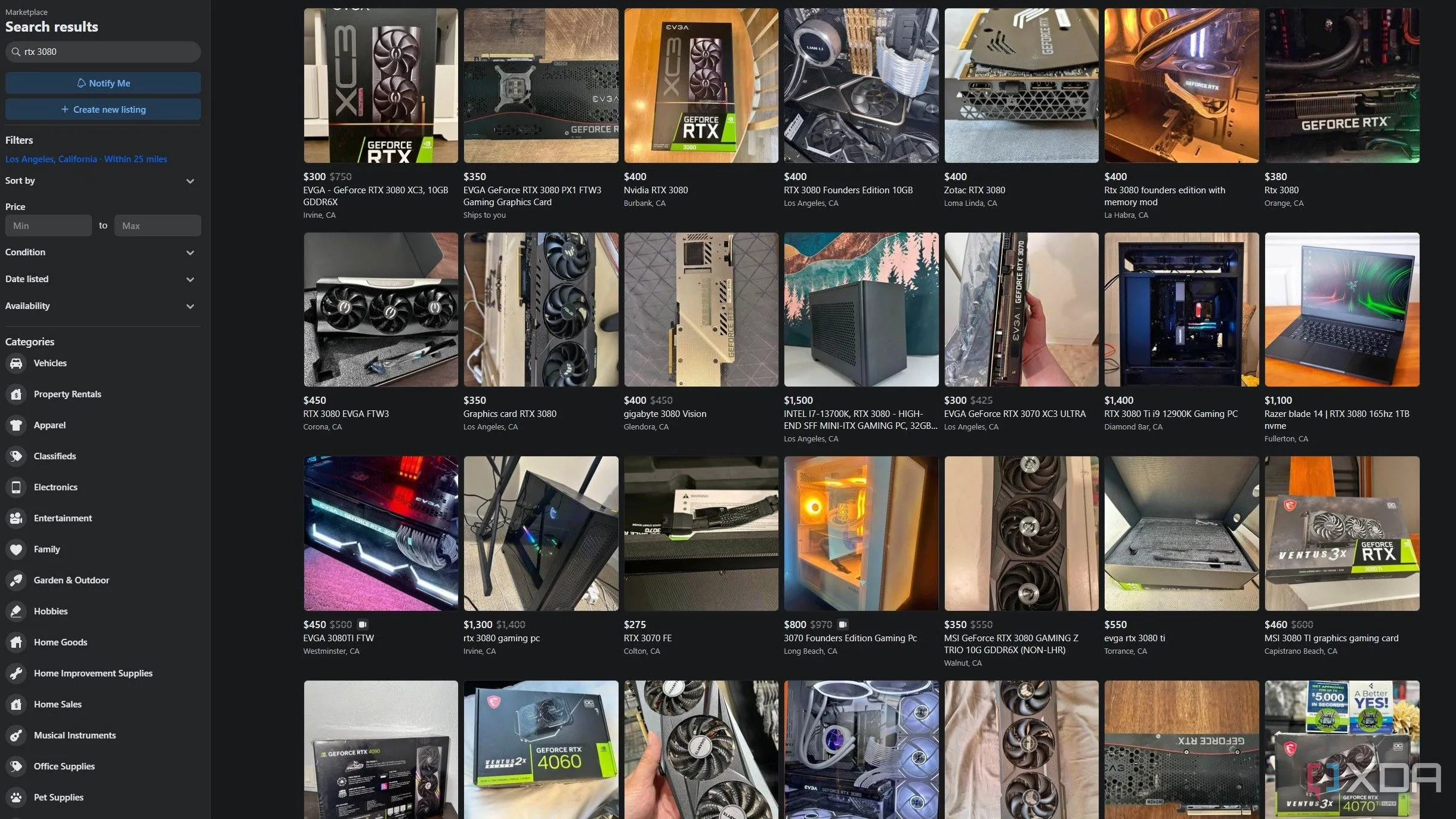 Các tin rao bán card đồ họa RTX 3080 cũ trên Facebook Marketplace, minh họa rủi ro thiếu chính sách đổi trả.