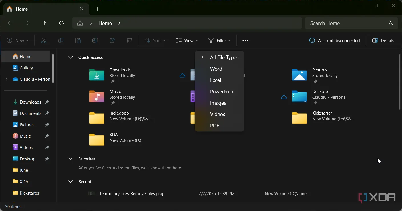 Các tùy chọn lọc cơ bản trong File Explorer, cho thấy khả năng lọc và sắp xếp tệp còn hạn chế cho người dùng cần tùy chỉnh chuyên sâu.