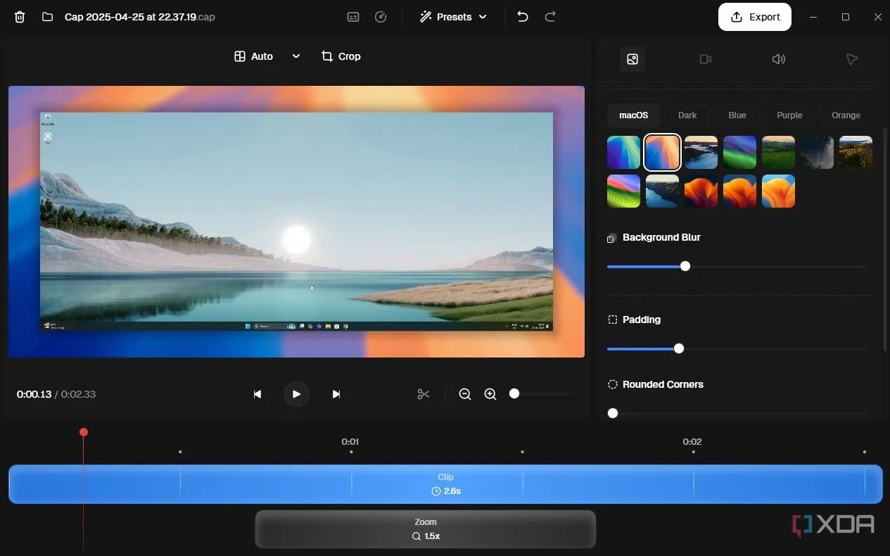 Các tùy chọn thêm hình nền và điều chỉnh lề trong trình chỉnh sửa video của Cap