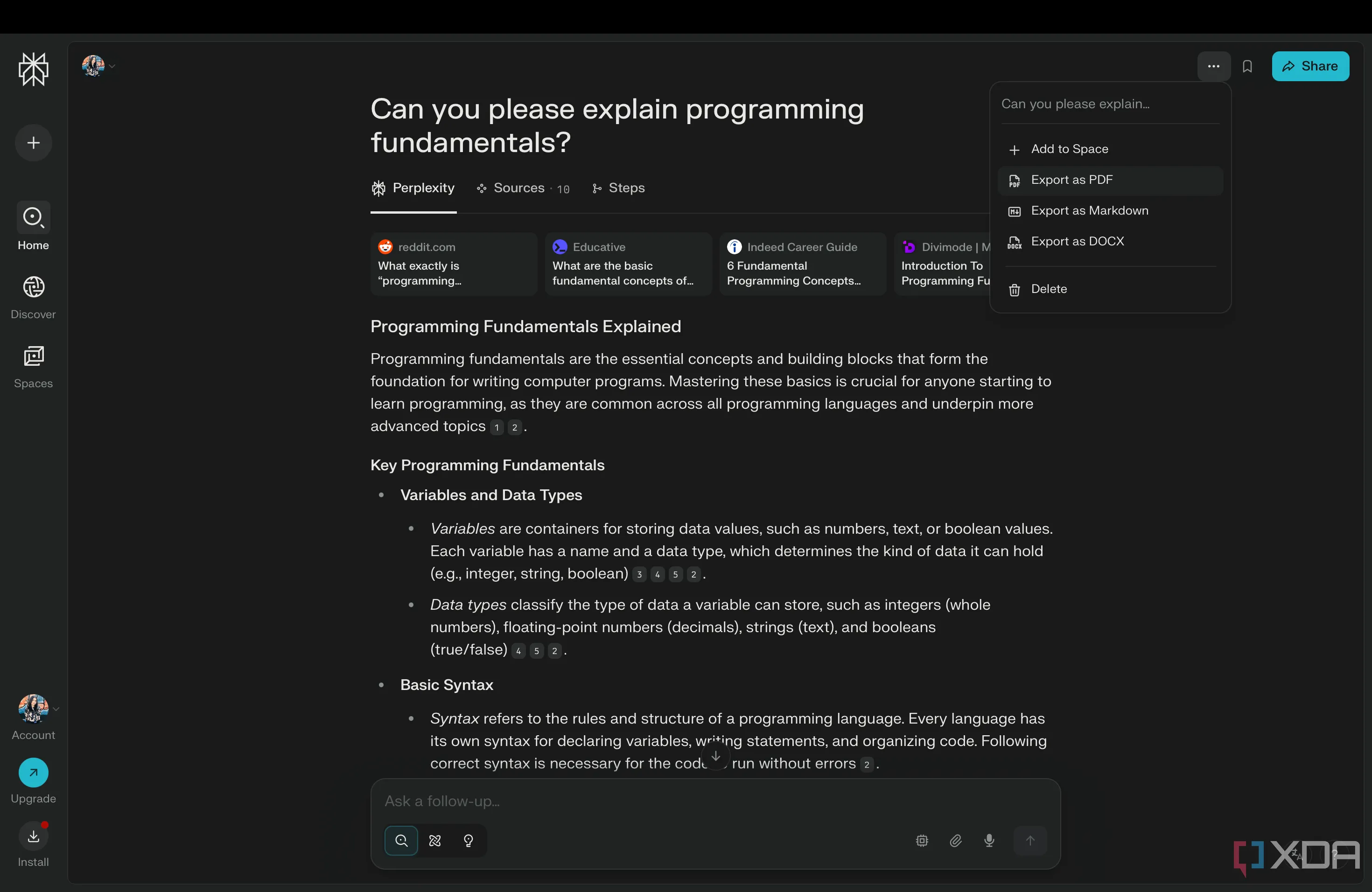 Các tùy chọn xuất file của Perplexity AI: PDF, Markdown và DOCX