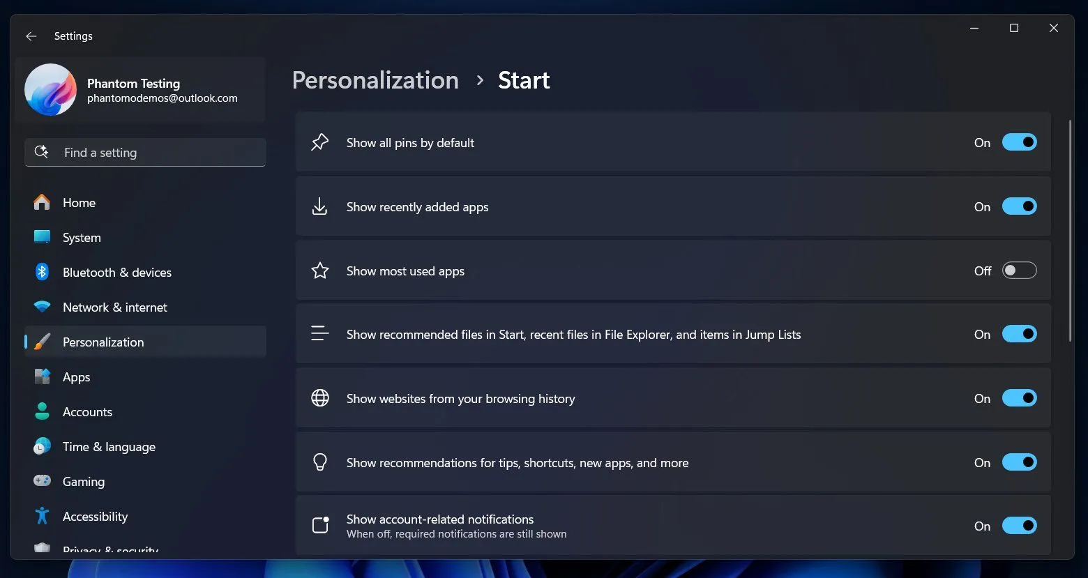 Cài đặt cá nhân hóa Start Menu trên Windows 11, cho phép tắt các mục đề xuất như ứng dụng và tệp gần đây.