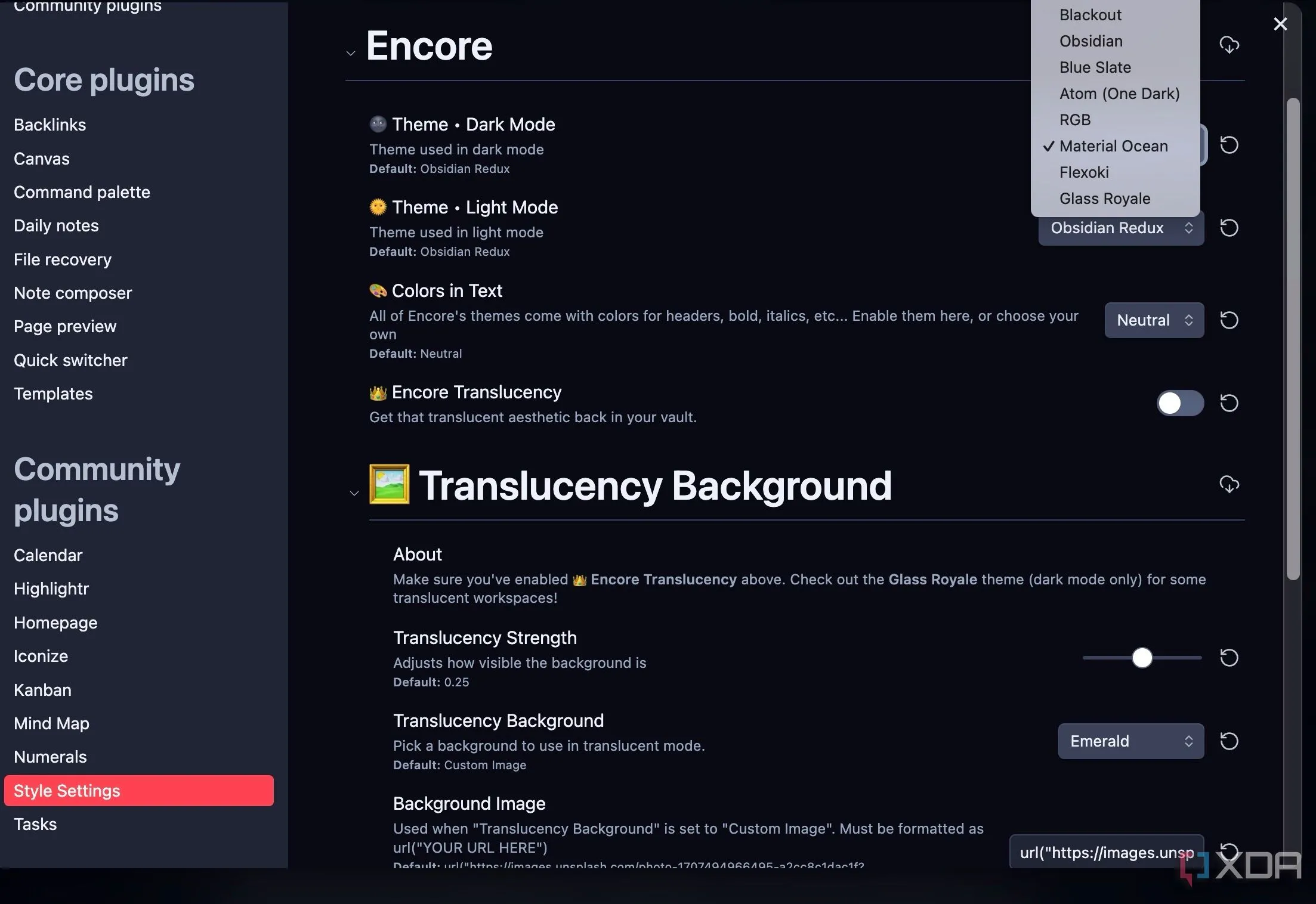 Cài đặt chủ đề Encore thông qua plugin Style Settings, cho phép tùy chỉnh màu sắc, độ trong suốt và hình nền