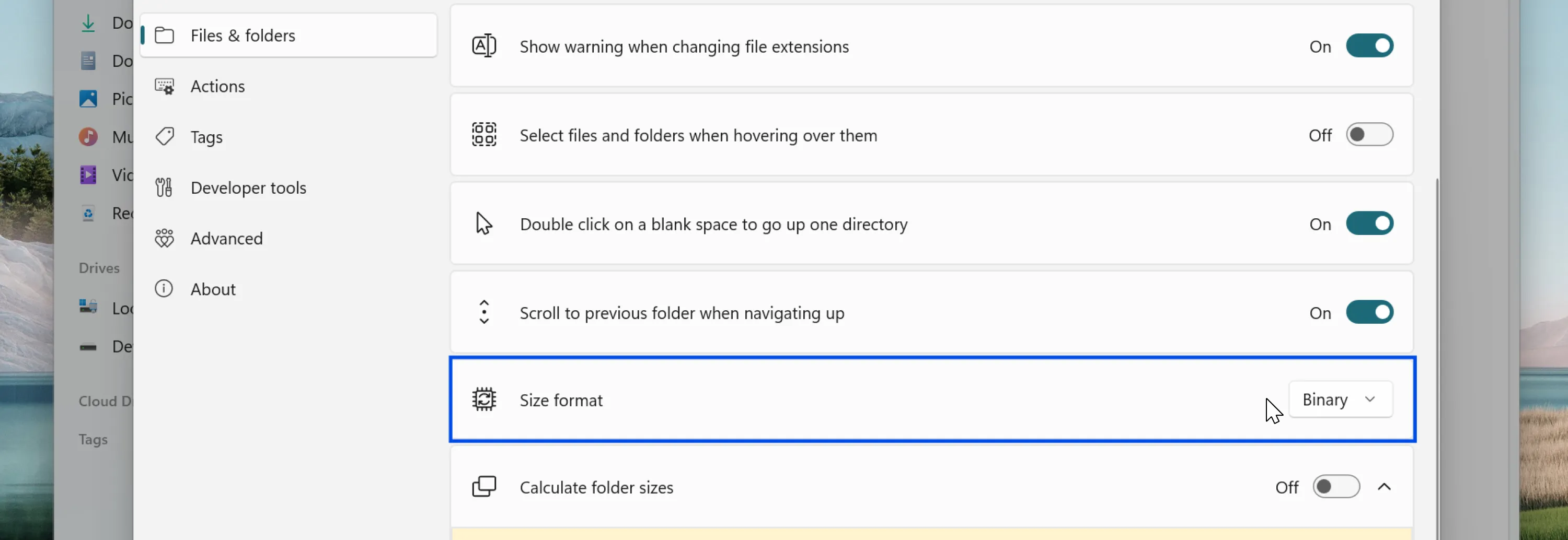 Cài đặt tùy chỉnh định dạng hiển thị kích thước tệp trong Files App, bao gồm tùy chọn định dạng nhị phân.
