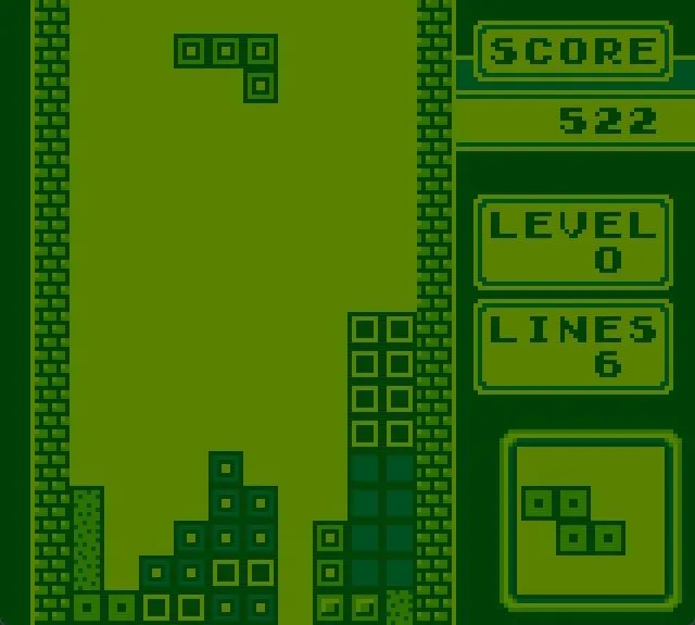 Cận cảnh màn hình Tetris Game Boy trong quá trình chơi, tập trung vào các khối Tetrimino.