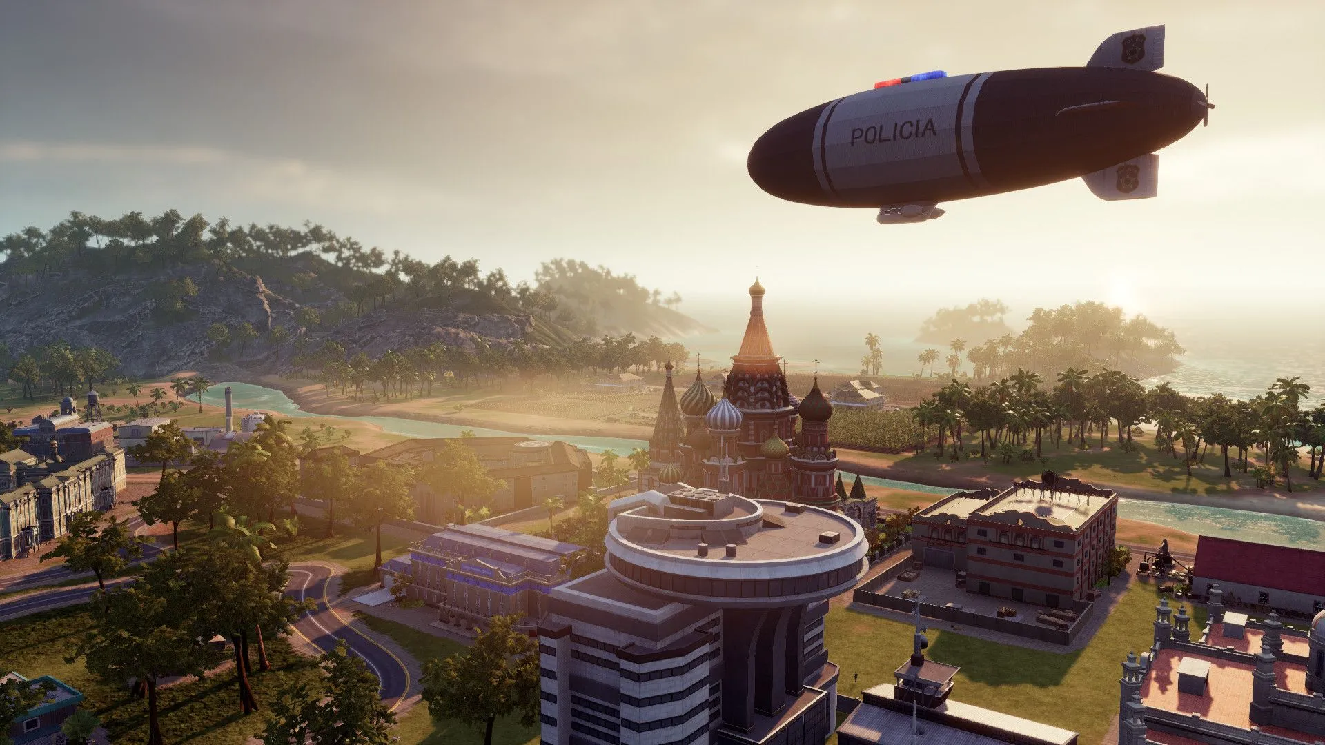 Cảng biển nhộn nhịp trong Tropico 6 với các tàu thuyền và công trình thương mại, biểu tượng cho hoạt động ngoại thương