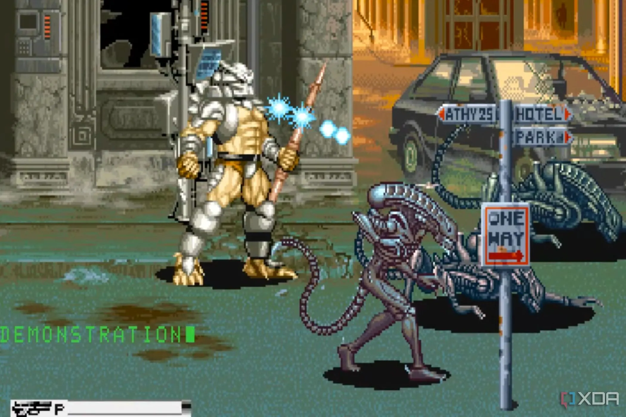 Cảnh chiến đấu kịch tính trong game thùng Alien vs. Predator, với nhân vật Predator đang đối đầu với một nhóm Xenomorph trong môi trường đô thị hoang tàn.