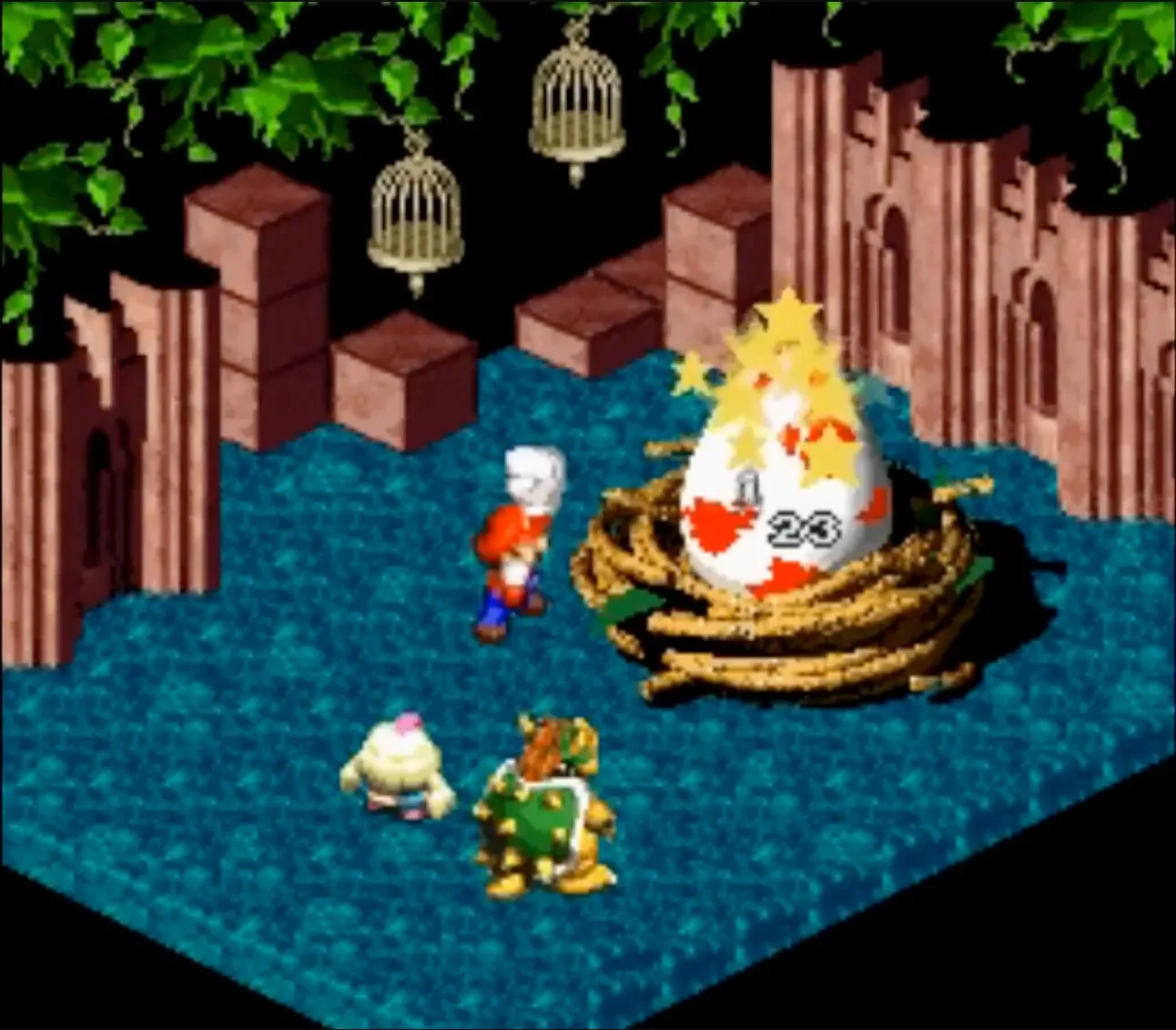 Cảnh chiến đấu theo lượt trong game Super Mario RPG trên SNES, thể hiện đồ họa isometric độc đáo.