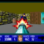 Cảnh chiến đấu trong game Wolfenstein 3D với góc nhìn thứ nhất