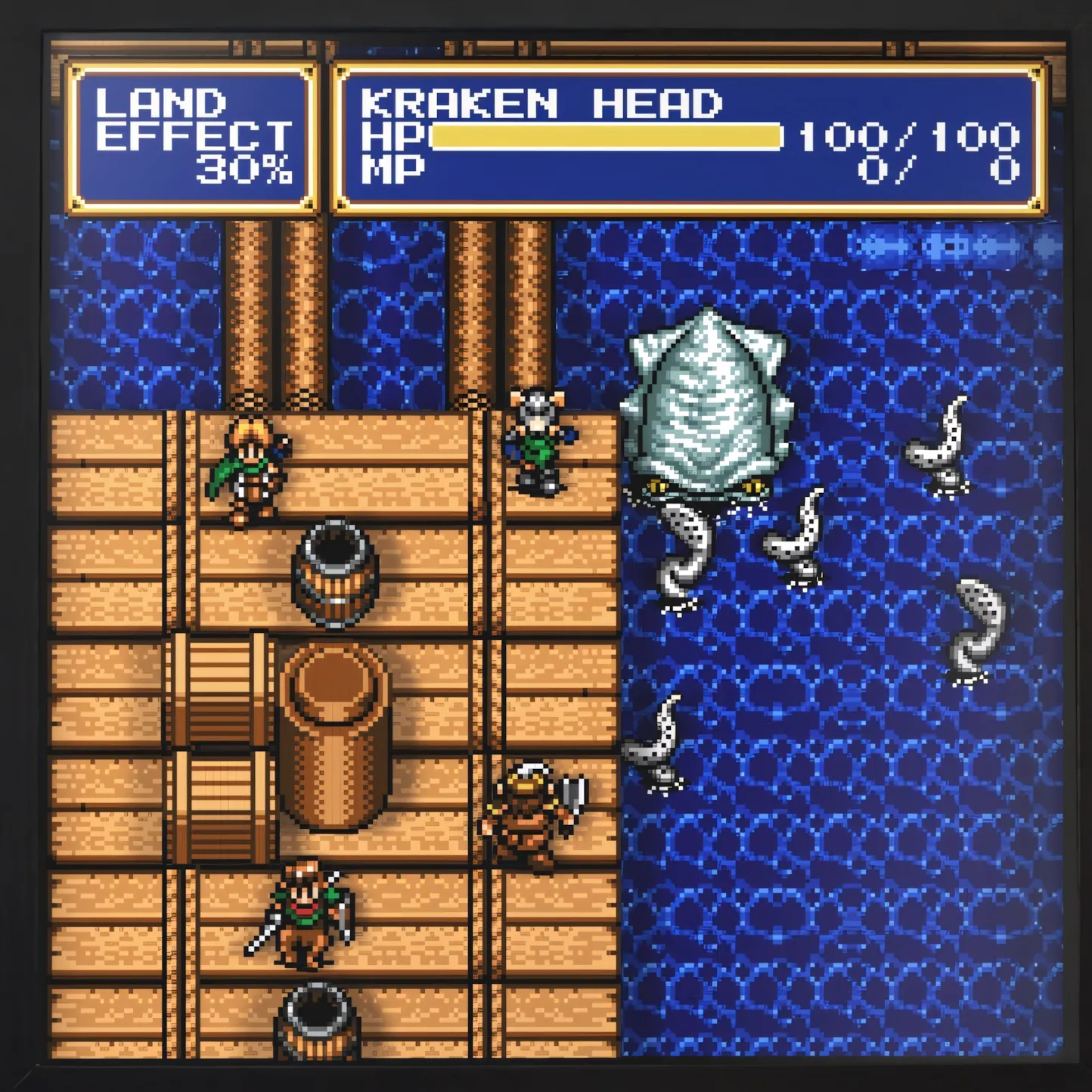 Cảnh chiến đấu trong Shining Force 2, hiển thị trận chiến với quái vật Kraken trên Sega Genesis