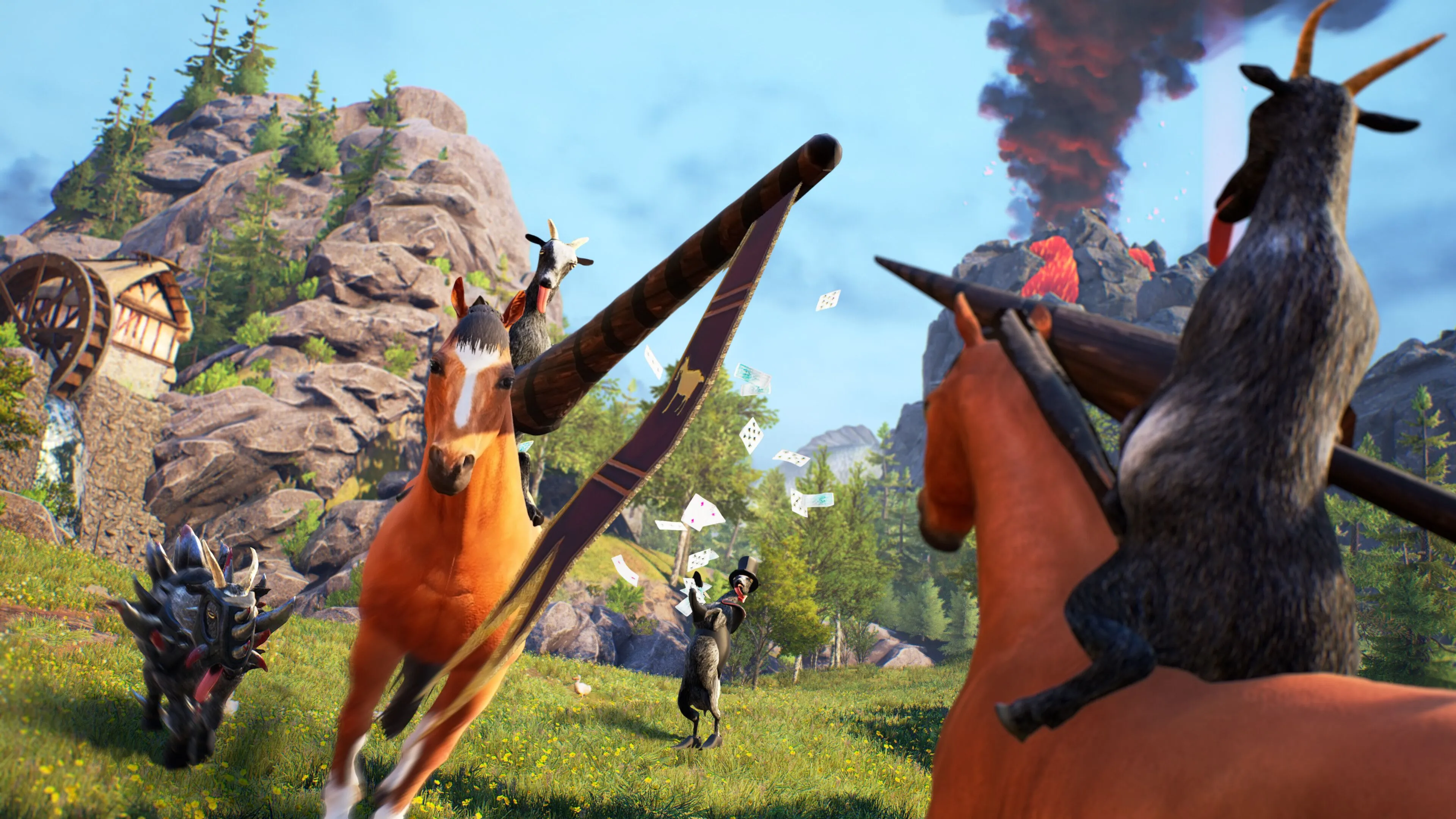 Cảnh chơi game Goat Simulator Remastered với một con dê phá phách trong môi trường thành phố