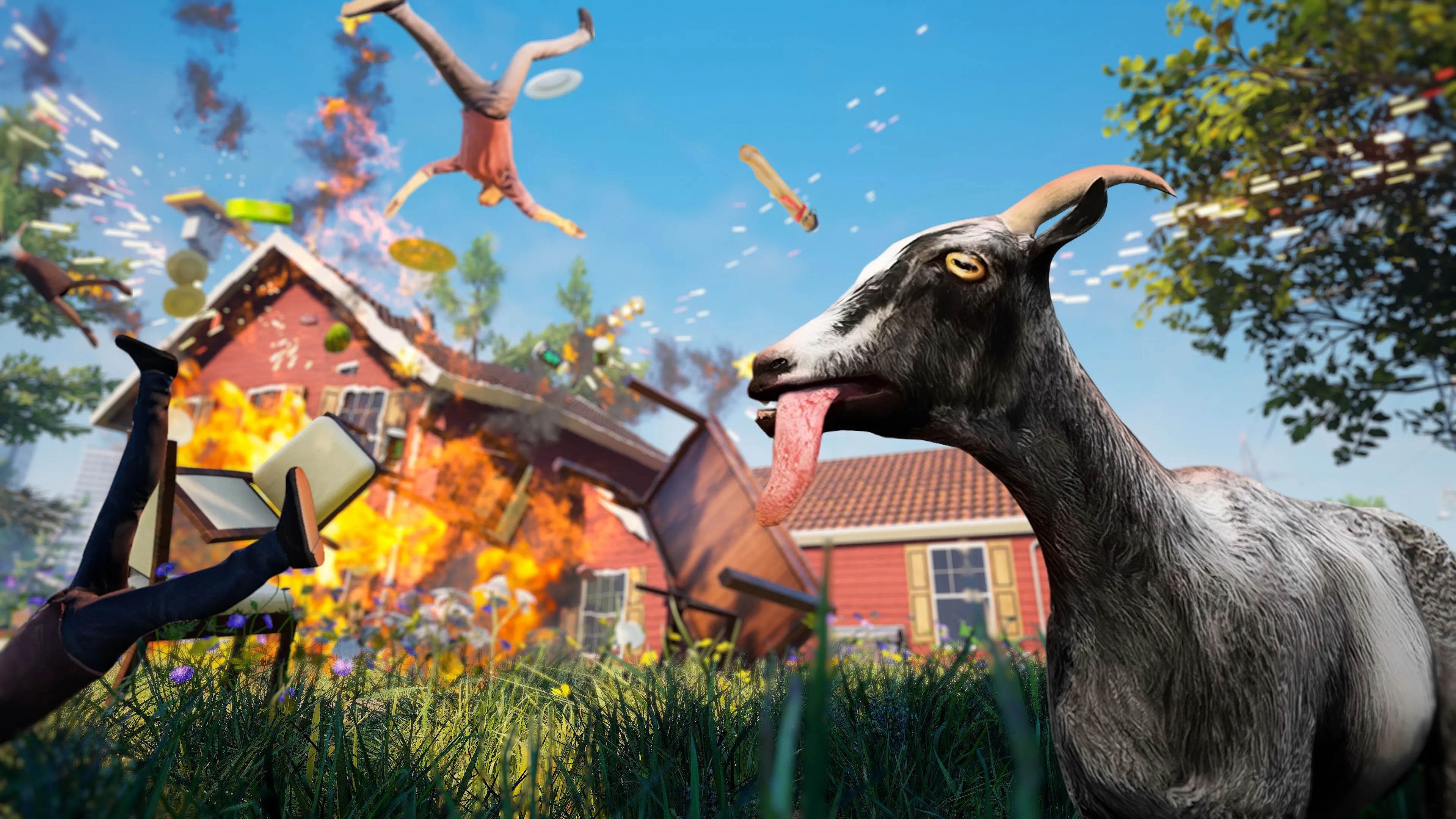 Cảnh chơi game Goat Simulator Remastered với một con dê tương tác với vật thể