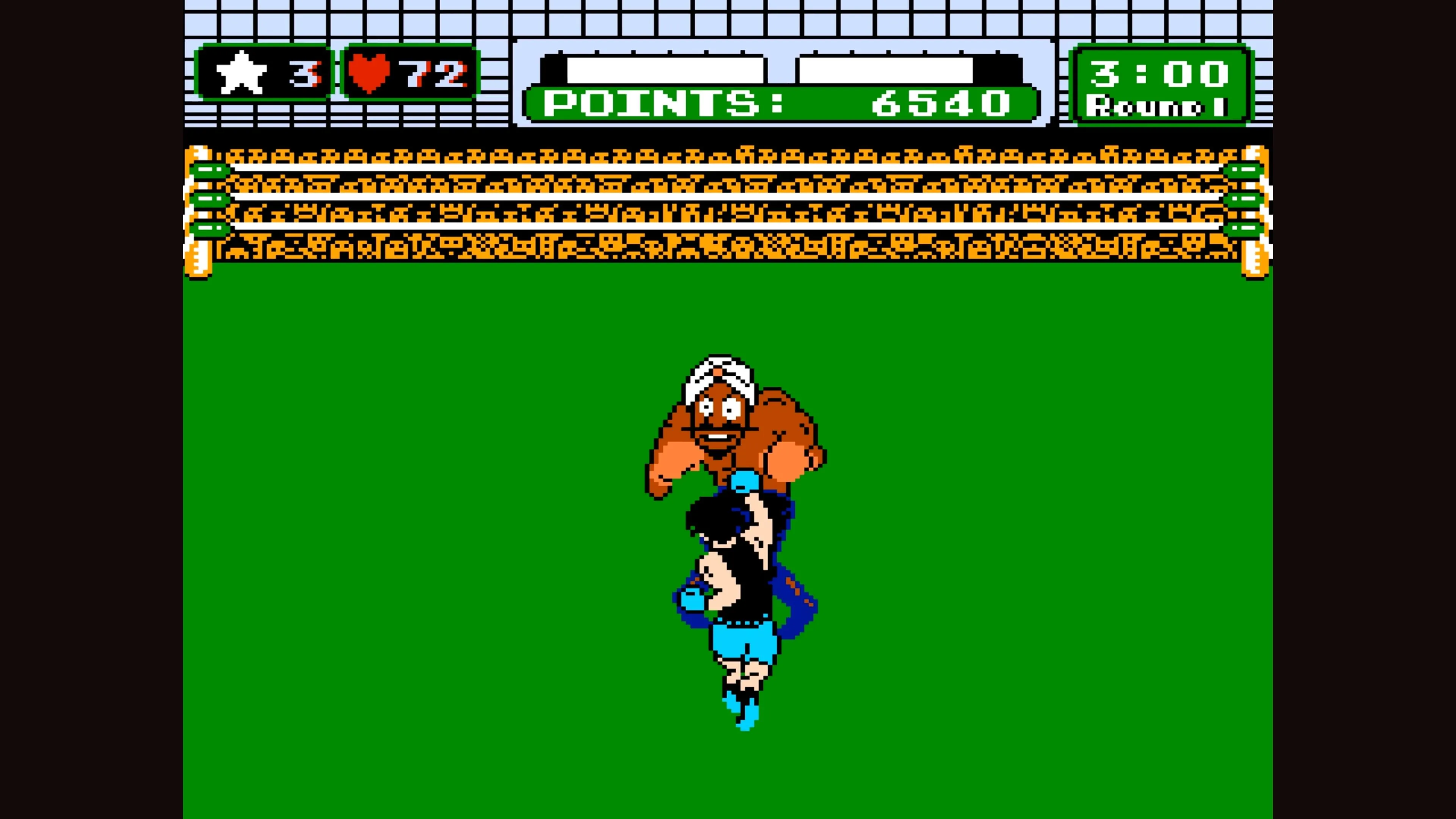 Cảnh chơi game Punch-Out!! với Little Mac đang chiến đấu với một đối thủ đội khăn xếp.